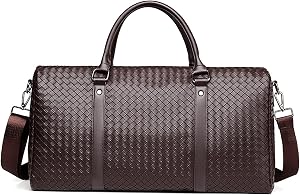 Leather Travel Duffle Bag for Men, Woven Carry On Weekender Overnight Bags for Business Sports Gym (Brown)