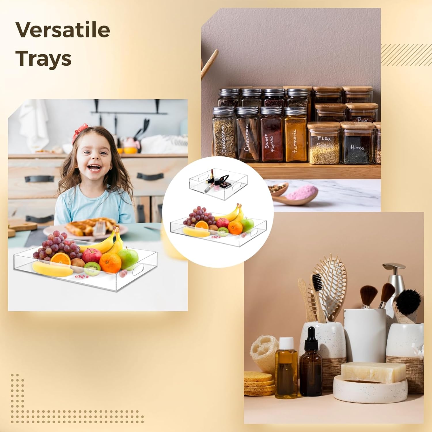 2-Pack Acrylic Trays, Clear Serving Trays with Handles 15.4x11.4" & 7.9x7.9", Decorative Vanity Trays for Bathroom, Countertop, Food Display, Smooth Edge Drawer Organizers - Image 6
