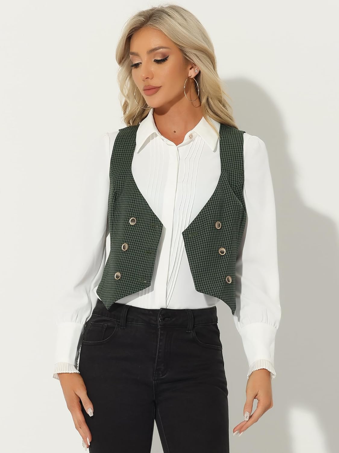 Allegra K Women's Suit Vest Plaid Steampunk Vintage 1950s Double Breasted Waistcoat - Image 3