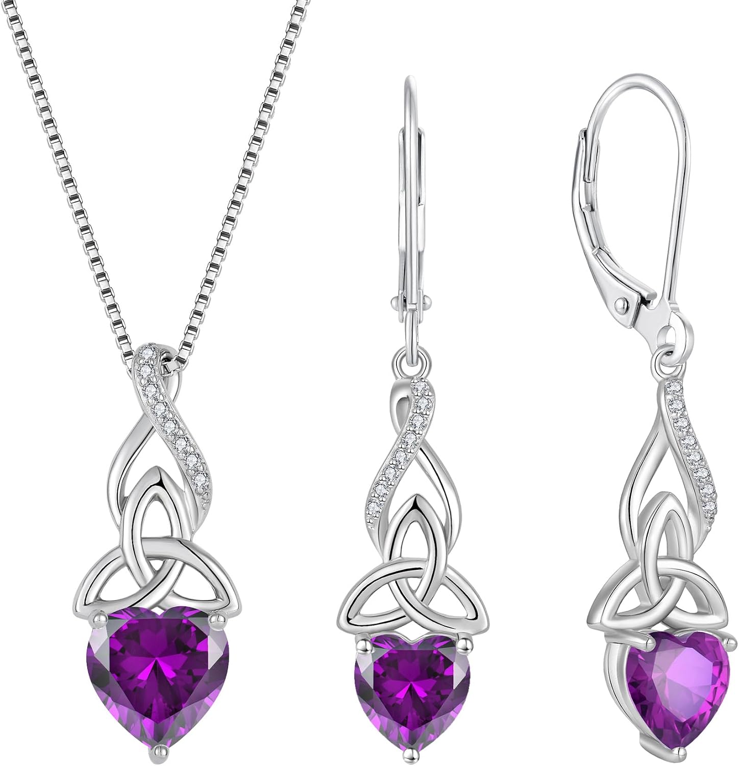 Infinity Celtic Knot Jewelry Set for Women 925 Sterling Silver Irish Necklace Amethyst Dangle Drop Leverback Earrings February Birthstone Jewelry for Mom