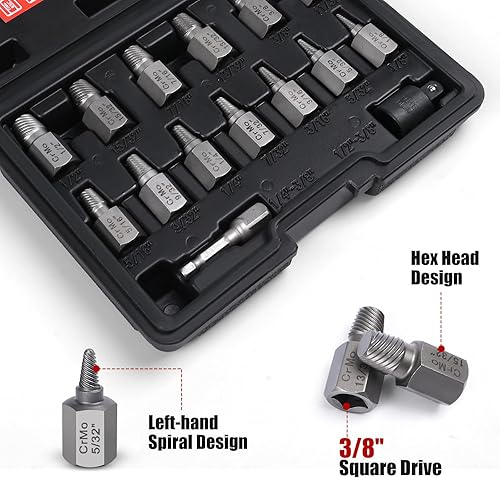 Miniatura 3 de Juego de 15 extractores de tornillos, kit extractor de pernos fácil de sacar, cabeza hexagonal de 38 pulgadas, kit de extractor de pernos multilínea