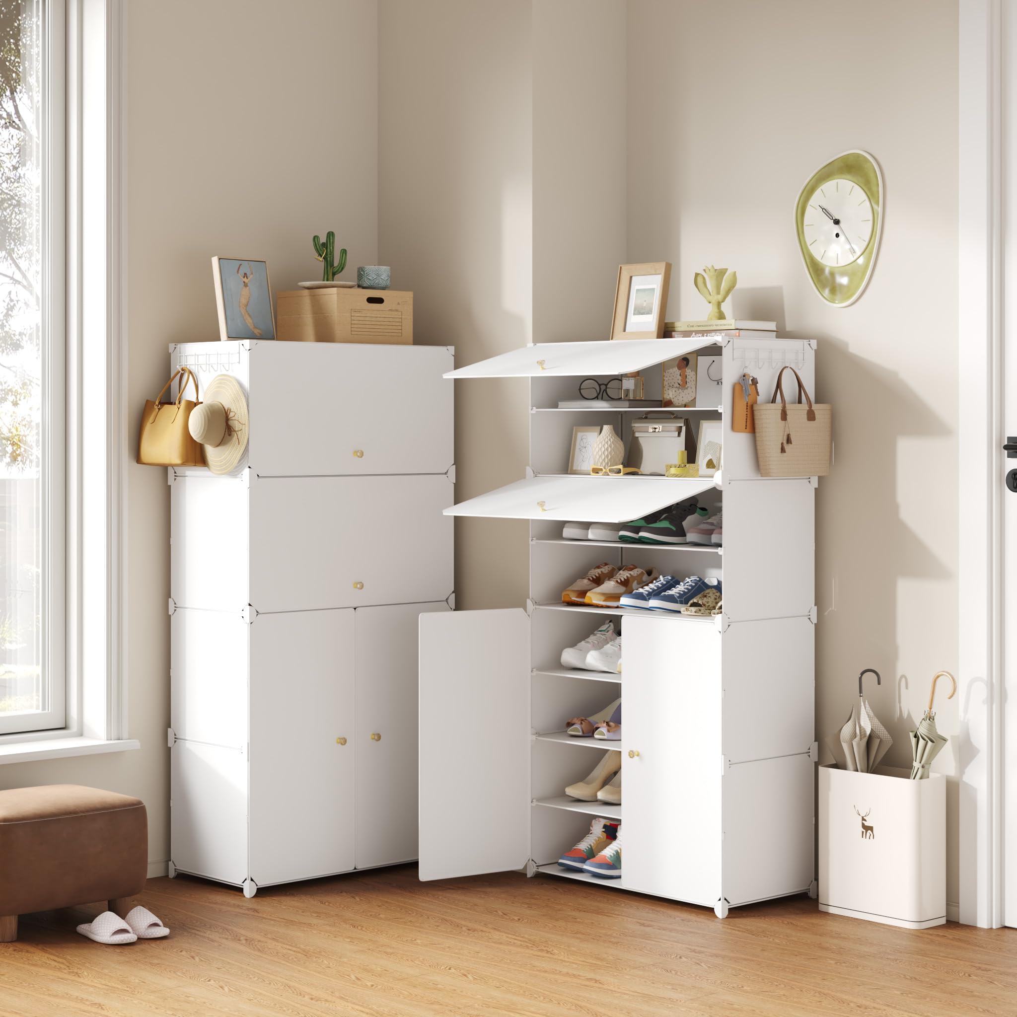 Mondeer Étagère à Chaussures 8 Niveaux, Étagère de Rangement Modulable avec Porte en Plastique, pour Couloir Chambre Salon, 30 x 60 x 138 cm (Blanc)