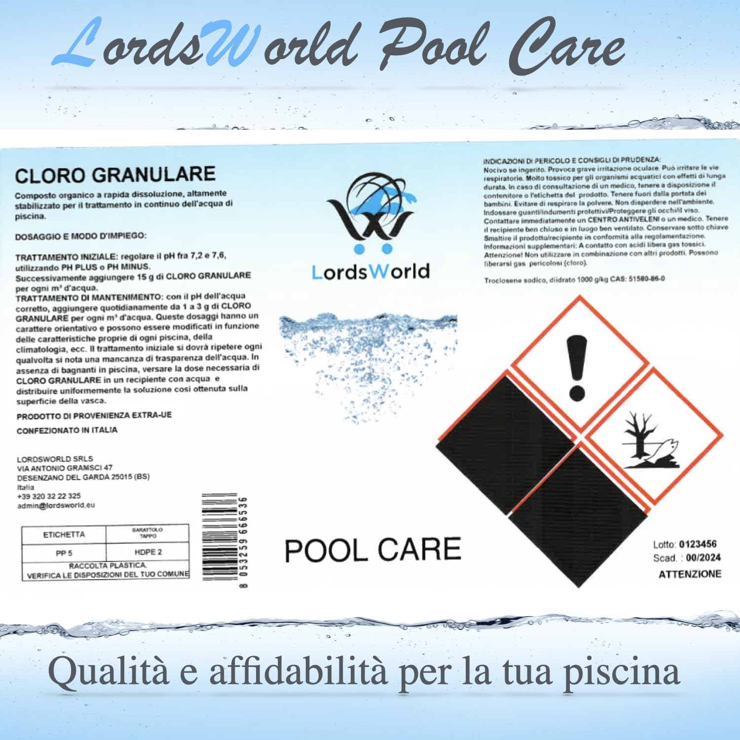 LordsWorld Pool Care - Cloro 56 Granulare a Rapida Dissoluzione - Dicloro Choc Disinfettante per Mantenimento Acqua Piscina Fuori Terra, Spa, Jacuzzi e Piscine Interrate (10Kg)