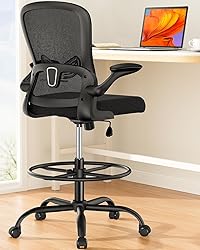 ErGear Drafting Chair, Standing Desk Chair with Flip-Up Armrests, High Desk Chair Adjustable Height, Ergonomic Tall Office Chair with Lumbar Support and Adjustable Footrest Ring
