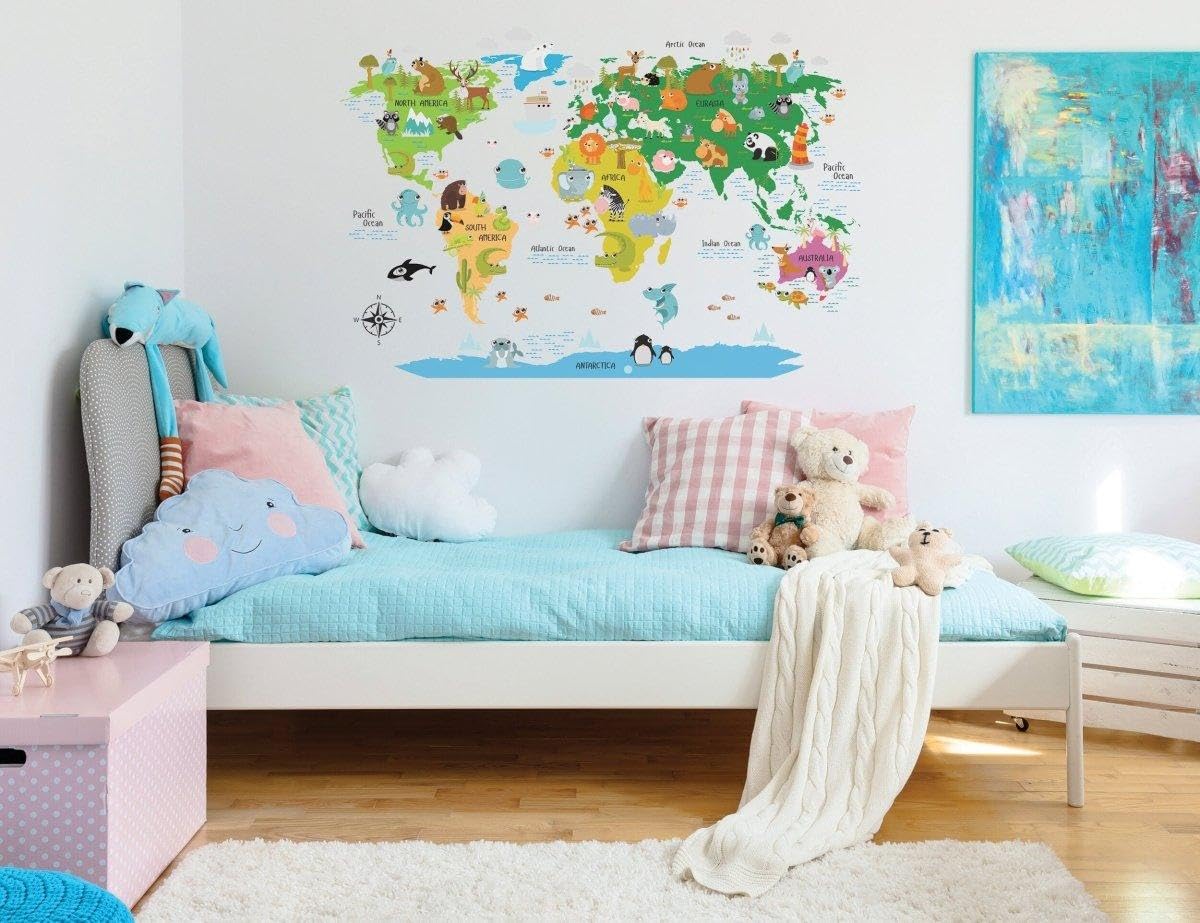 Mapa świata naklejka winylowa, geograficzna naklejka ścienna, dekoracja z motywem podróży 90 x 60 cm