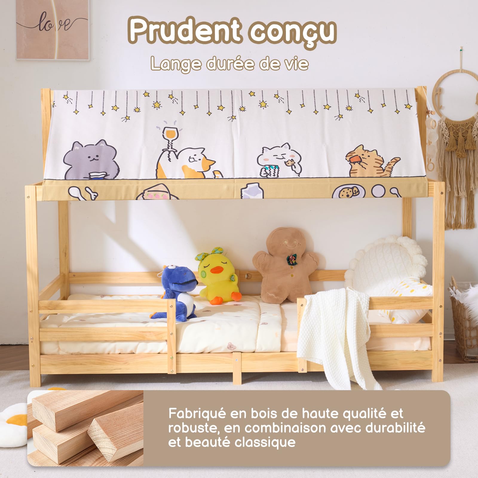 LEADZM Lit cabane Enfant 90x190 cm avec baldaquin en Tissu, sommier à Lattes, barrières de sécurité Enfant Bois en pin Forme de Maison Lit au Sol Montessori (Naturel)