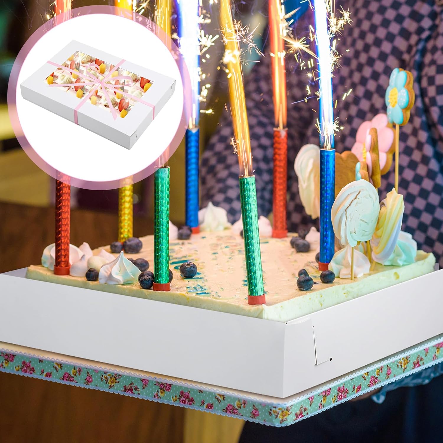 5 Set Heavy Duty Corrugated Full Sheet Window Cake Box 26x18x4 Inch with Cake Board and Pink Satin Ribbon Large Rectangle Bakery Boxes with Window White Bakery Boxes for Packaging Cupcake