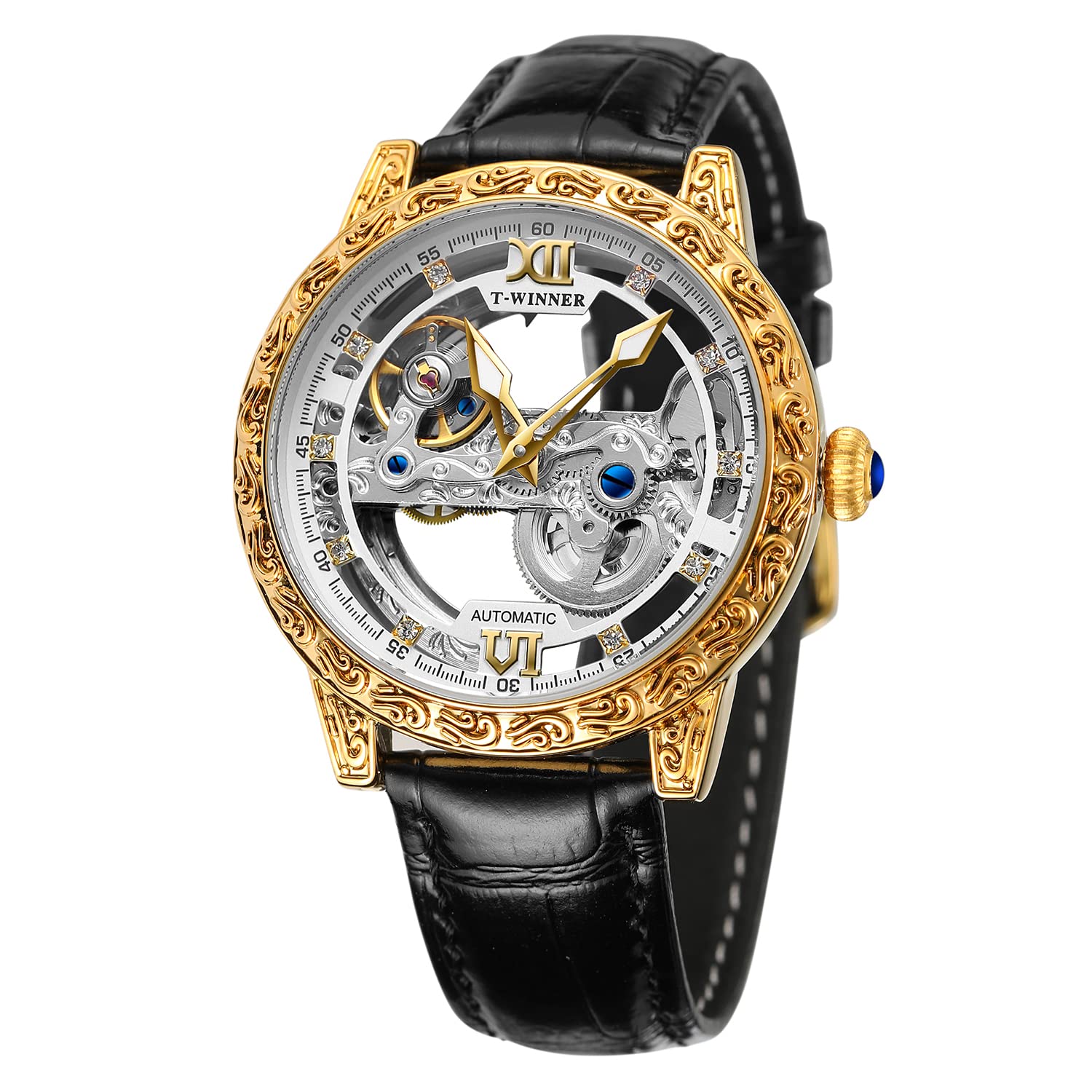 FORSINING Tourbillon Herren-Armbanduhr, mechanisch, luxuriös, Blumenmuster, gravierbar, wasserdicht, Skelett-Armbanduhr, Transparent, Mechanisch