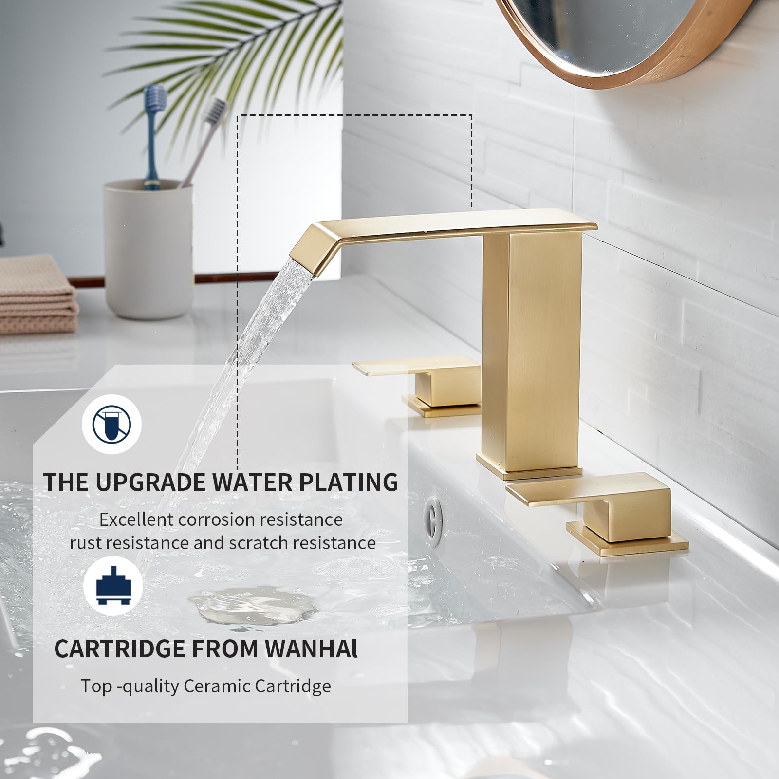 Rubinetto per bagno a 2 maniglie, 3 fori, cascata, oro spazzolato, rubinetti per bagno a fori larghi da 8-16 pollici, rubinetto per lavabo in ottone, mobiletto lavabo con piletta a scomparsa, 2 tubi
