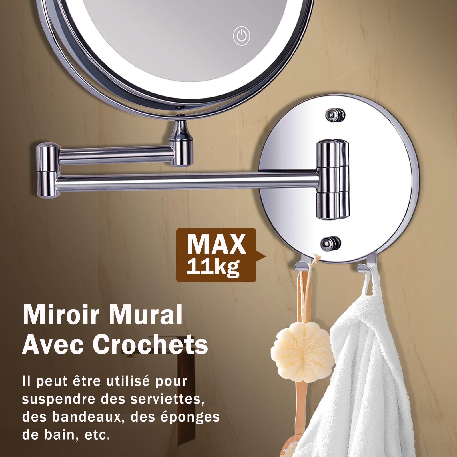 Auxmir Miroir Grossissant Mural 1X/30X, Batterie 3200mAh, 3 Modes Couleur, Bouton Tactile 2 Faces, Miroir Grossissant Lumineux 360° Pivotant Extensible, pour Salle de Bain, Chambre, Hôtel, Vestiaire Auxmir Miroir Grossissant Mural 1X/30X, Batterie 3200mAh, 3 Modes Couleur, Bouton Tactile 2 Faces, Miroir Grossissant Lumineux 360° Pivotant Extensible, pour Salle de Bain, Chambre, Hôtel, Vestiaire