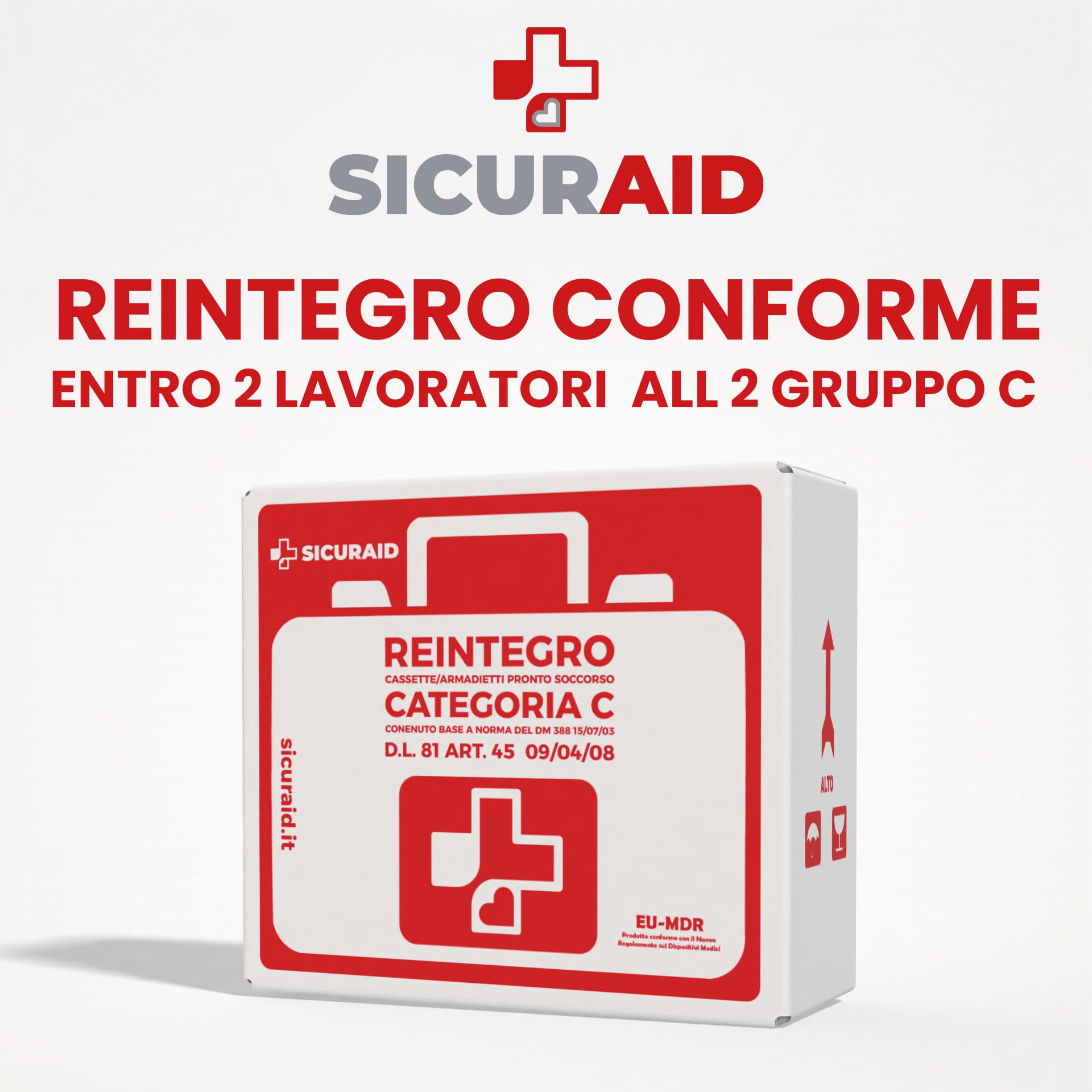 SICURAID Kit di Reintegro Pronto Soccorso Allegato 2 Gruppo C – Per Aziende fino a 2 Dipendenti – Lavoratori Conforme DM 388/2003 – Fornitura Ricambi Cassetta Medica