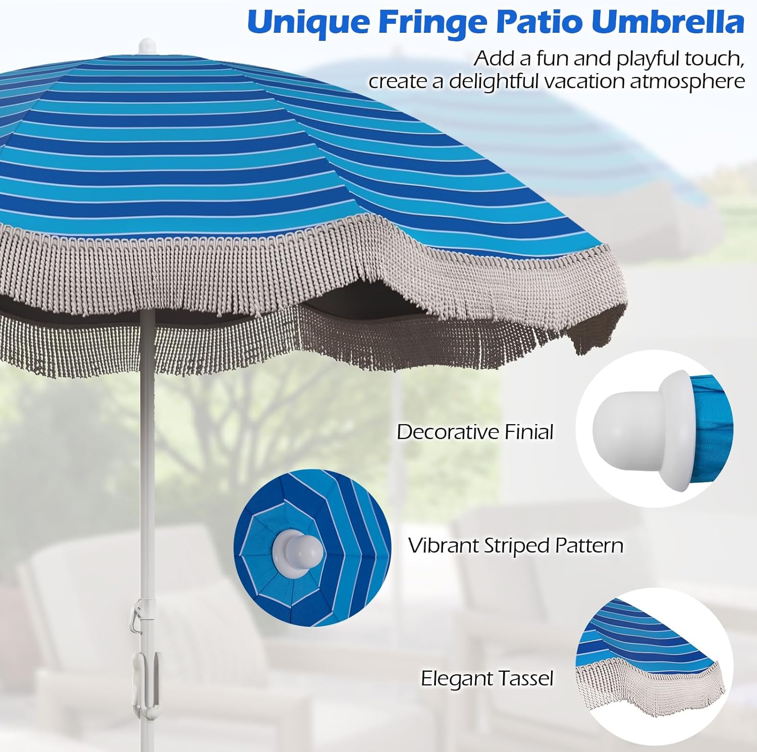 HAPPYGRILL 6.5 FT Outdoor Fringe Beach Umbrella, UPF50+ Sun Protection, Portable Sunshade with Carrying Bag, Push Button Tilt, Patio Tassel for Garden Lawn Poolside Table, Navy Blue