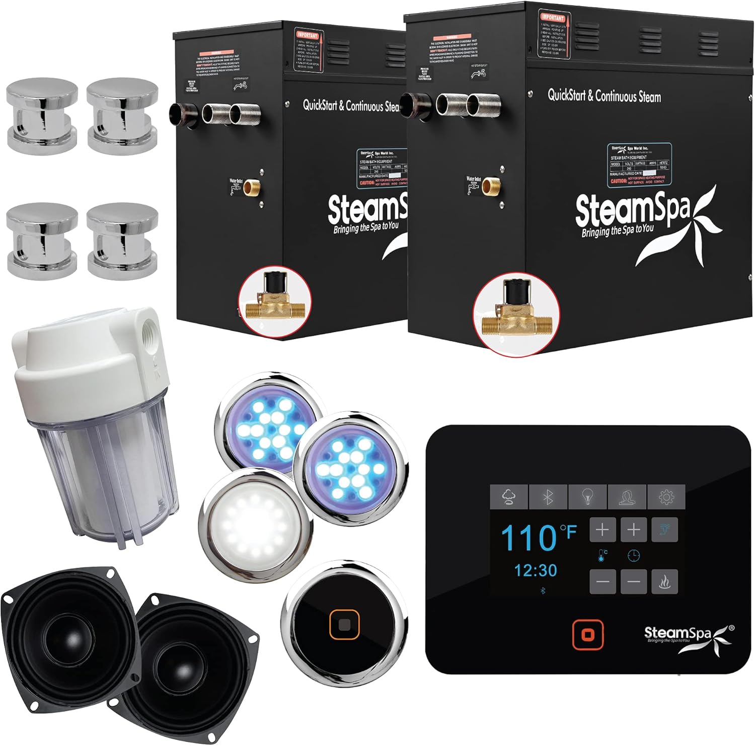 SteamSpa Black Wifi and Bluetooth Series 24kW QuickStart Steam Bath Generator Package in Polished Chrome | Touch Screen Wifi App Control Steam Shower Kit with Water Filter and Speaker | BKT2400CH-A