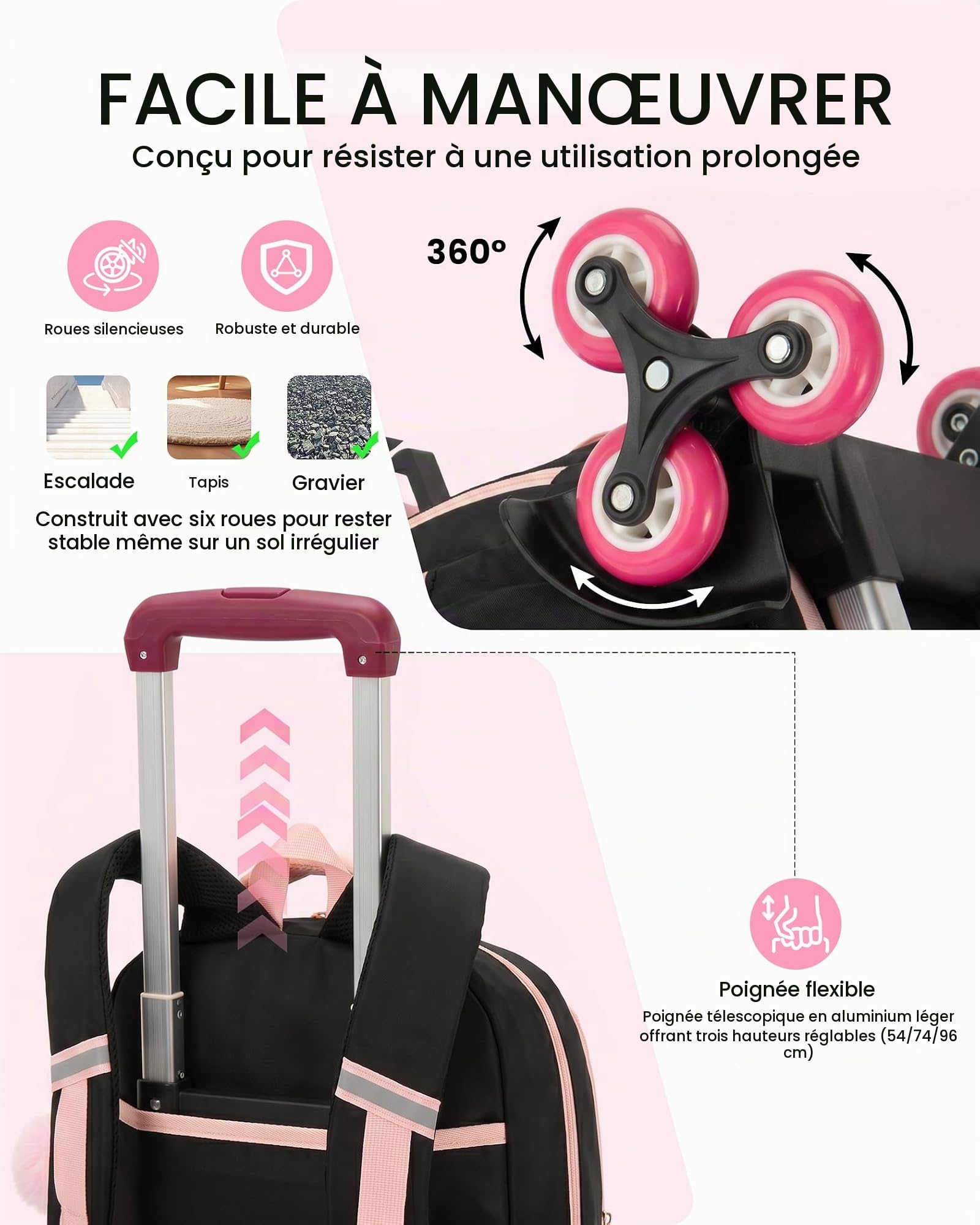 Amythe Cartable Fille à Roulettes Primaire et Secondaire