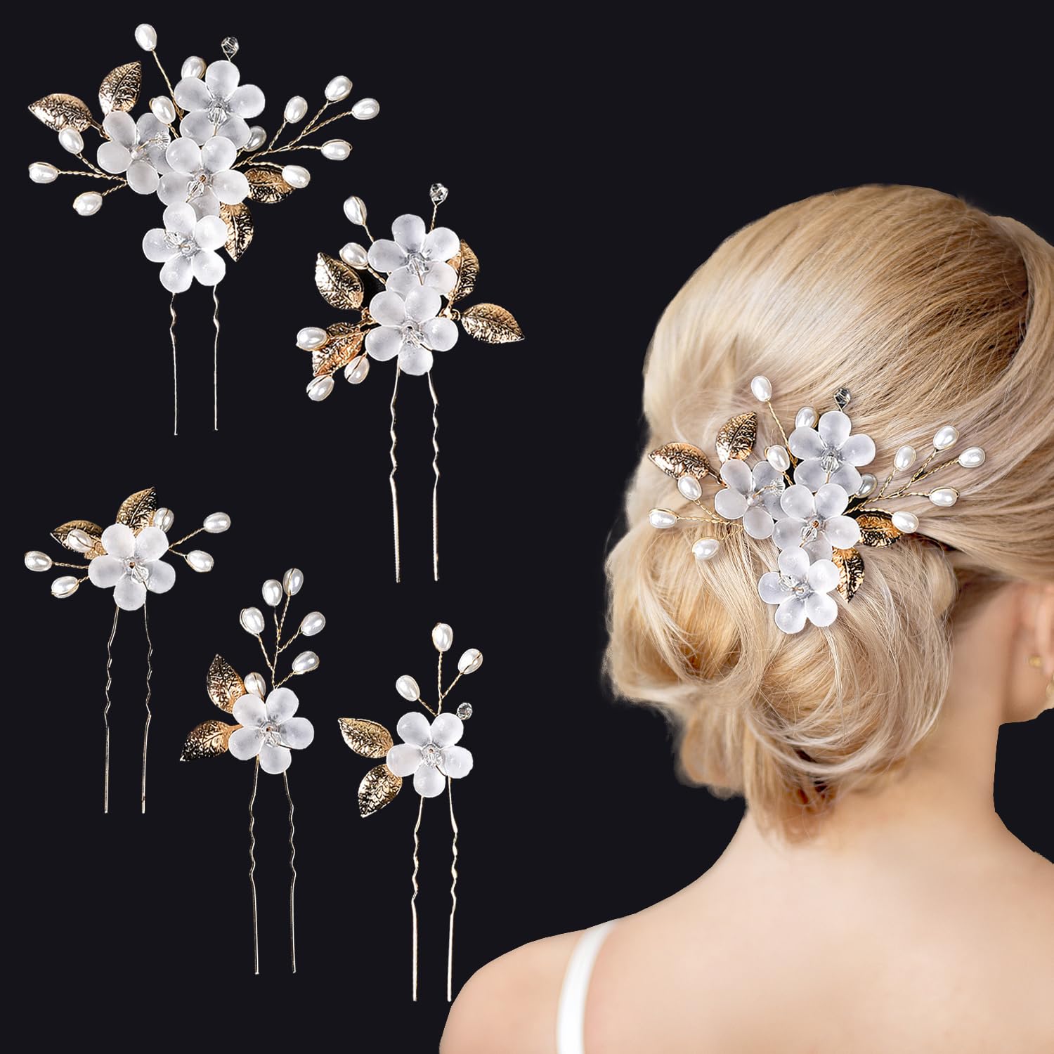 Bridal Hair Accessories for Women - Wedding Hair Pins, Flower Clips, U-Shaped Clips for Bridesmaids and Girls (Gold)