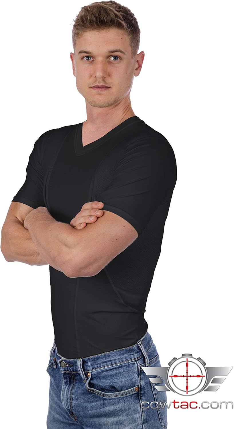 Miniatura 7 de Camisa con funda para transporte oculto, absorbe la humedad para todas las estaciones, cuello en V para hombre, color negro