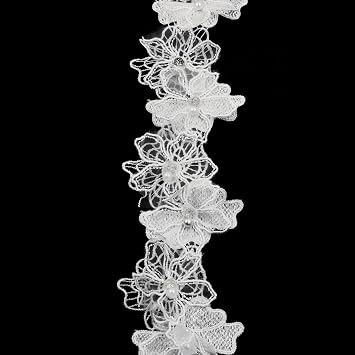 3D Pearl Beads Flower Lace Trim, White, 2 Yards