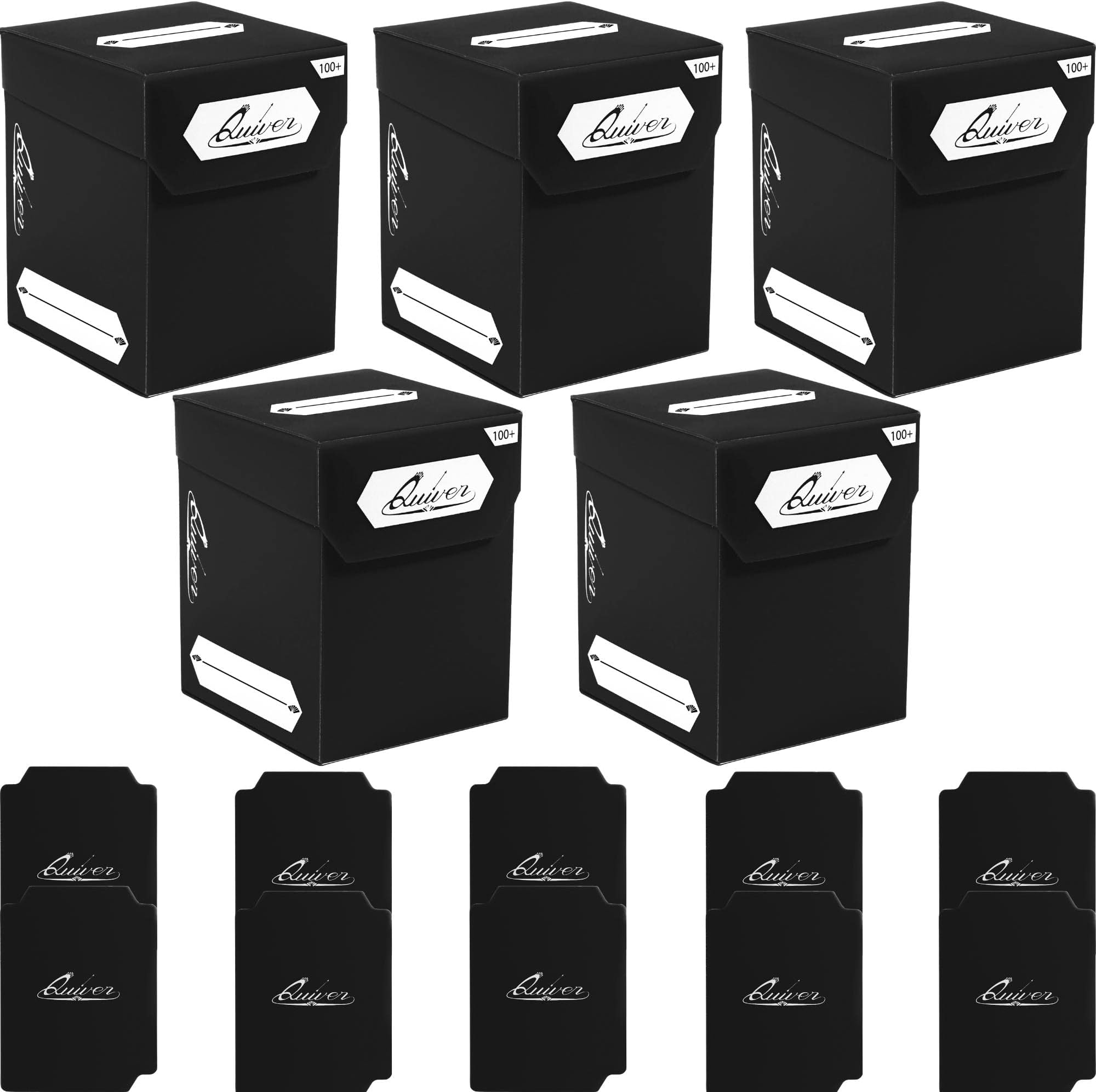 Quiver Time 100+ Standard Trading Card Deck Blocks Fits MTG Deck & Other TCG Cards - Set of 5 Commander Deck Box with 2 Dividers/Card Deck Box (All Black)