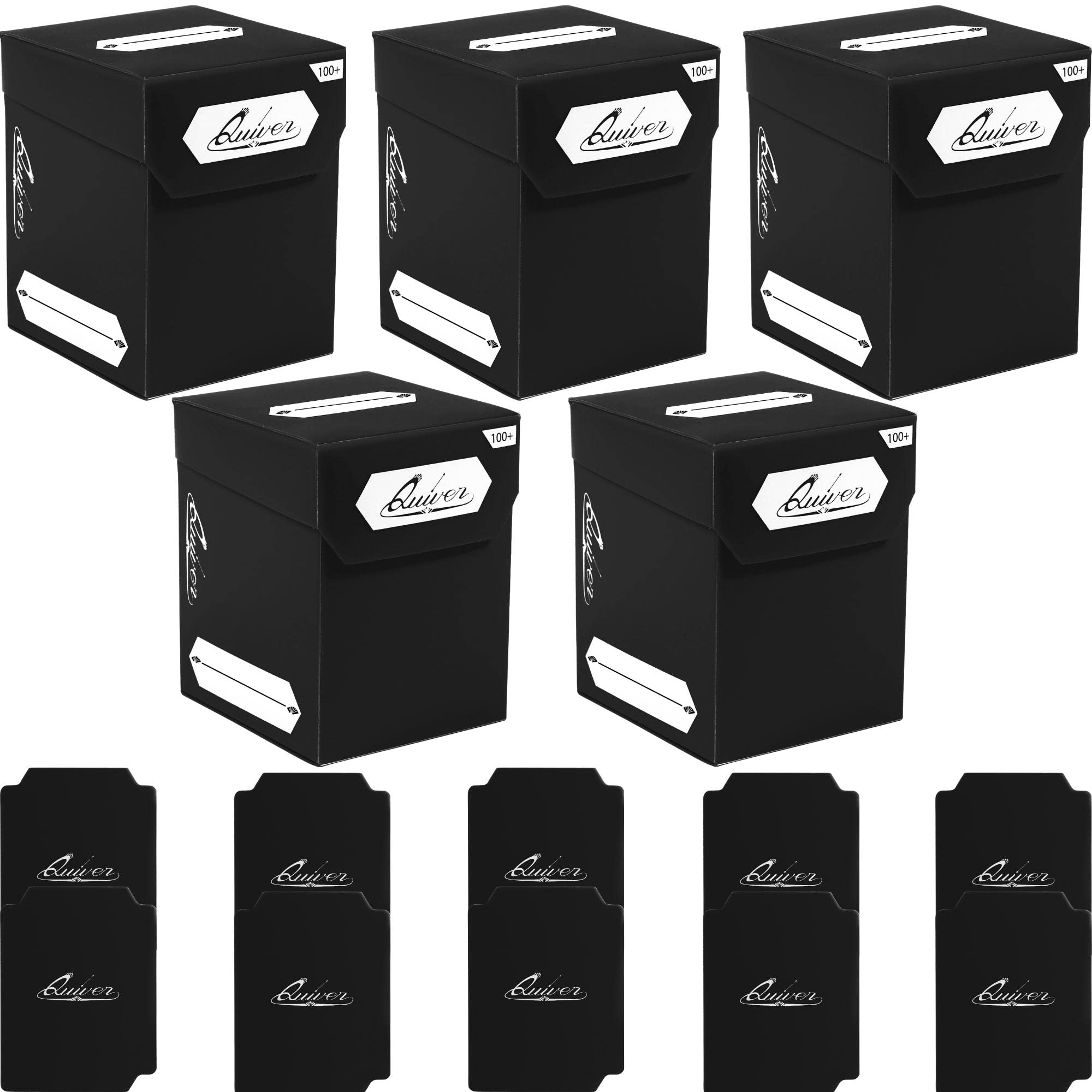 Quiver Time 100+ Standard Trading Card Deck Blocks Fits MTG Deck & Other TCG Cards - Set of 5 Commander Deck Box with 2 Dividers/Card Deck Box (All Black)