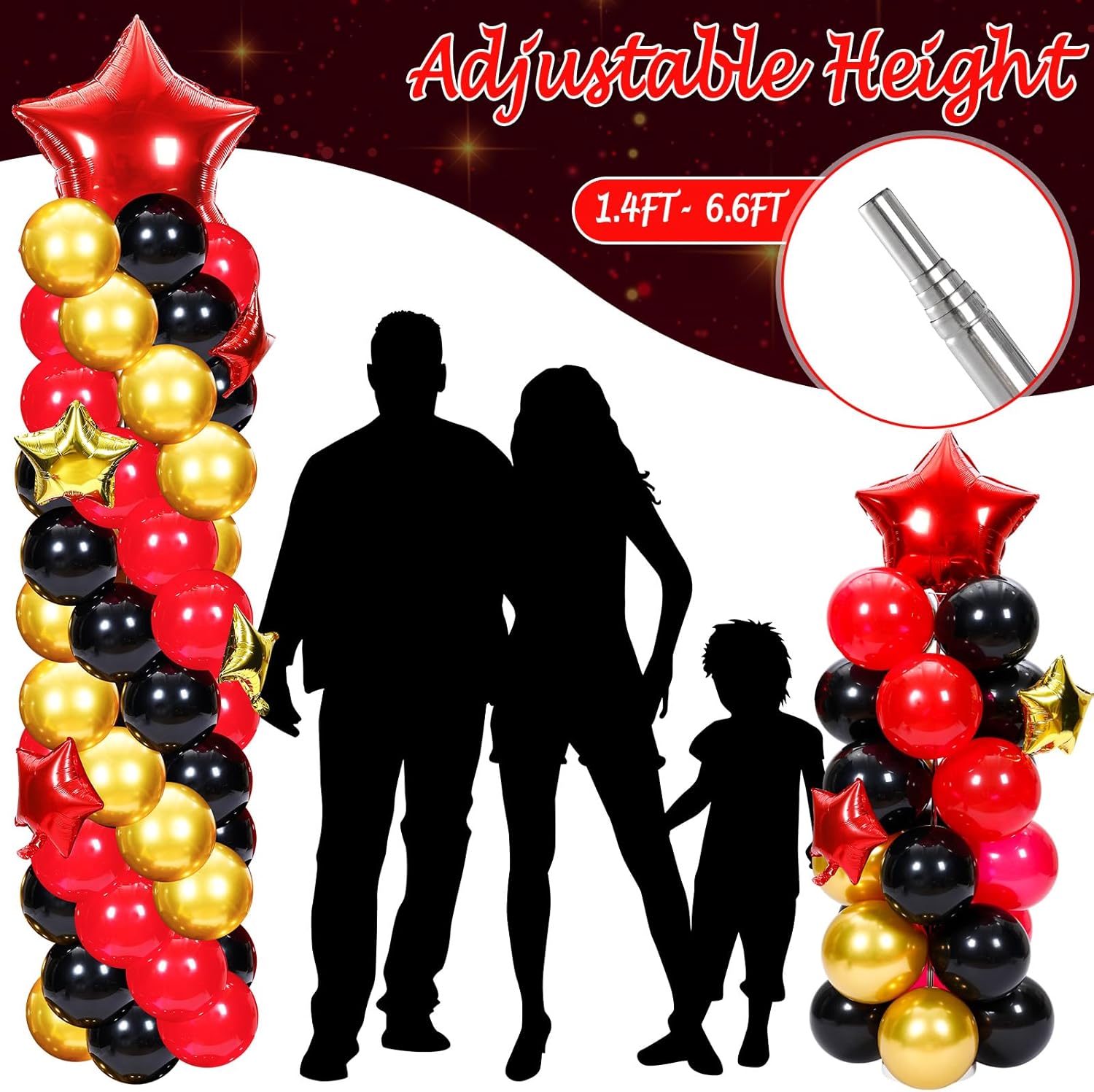 Gejoy 110 Pcs Red Gold Black Balloons Column Stand Kit Adjustable Tower Stand from 1.4 to 6.6 ft with Bases for Graduation Wedding Birthday Baby Shower Party