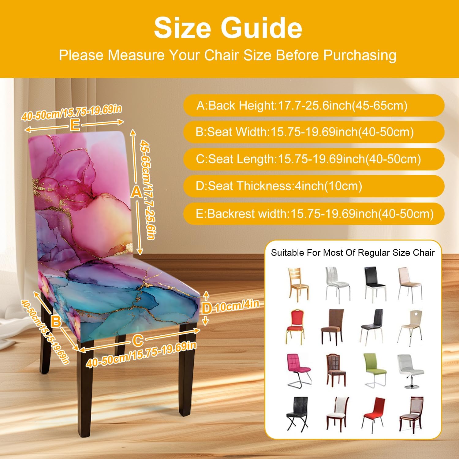 Marble Chair Covers Set of 4 – Pink Blue Gold Abstract Watercolor Design Stretch Dining Chair Slipcovers Washable Universal Seat Protectors for Kitchen, Party, Banquet, Hotel, Home Décor
