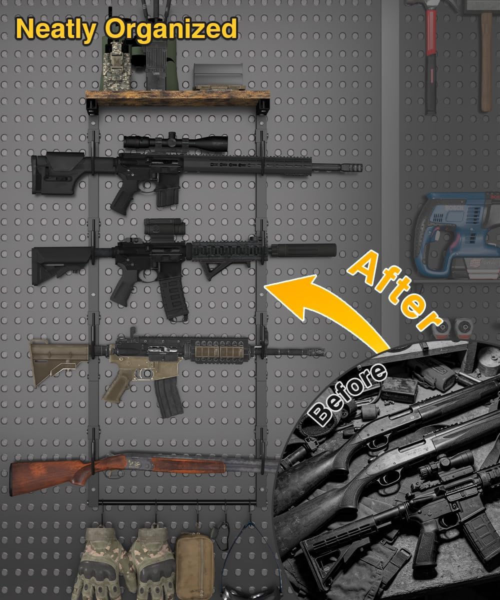 Wall Mount 4-Gun Rack, Indoor Gun Holder with 5 S-Hooks | Adjustable, Horizontal, Heavy-duty Storage Shelf, Fit Most Airsoft Shotgun, Rifle, Firearm, for Home Garage Office Retail
