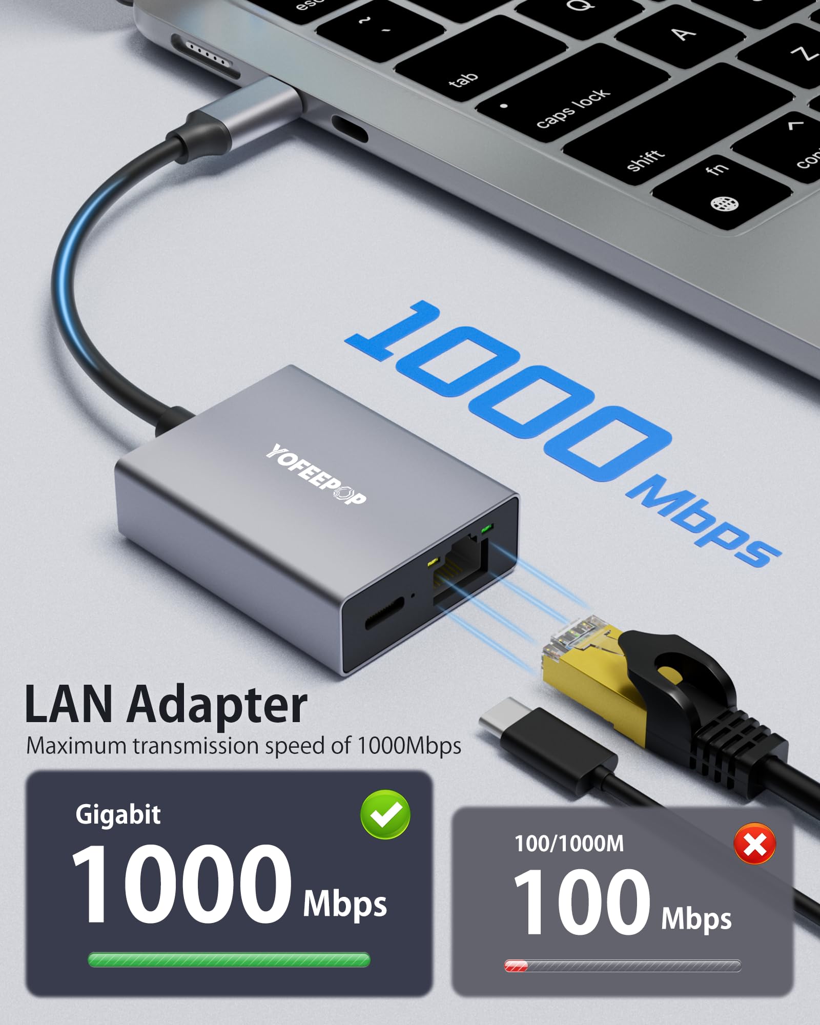 2in1 USBC to Ethernet Adapter, Ethernet Gigabit Adapter with PD100W Charging Port 1000Mbps RJ45 LAN Ethernet to USB C Compatible with iPhone 15/16/17,MacBook Pro/Air,iPad Pro,Mac — view 3