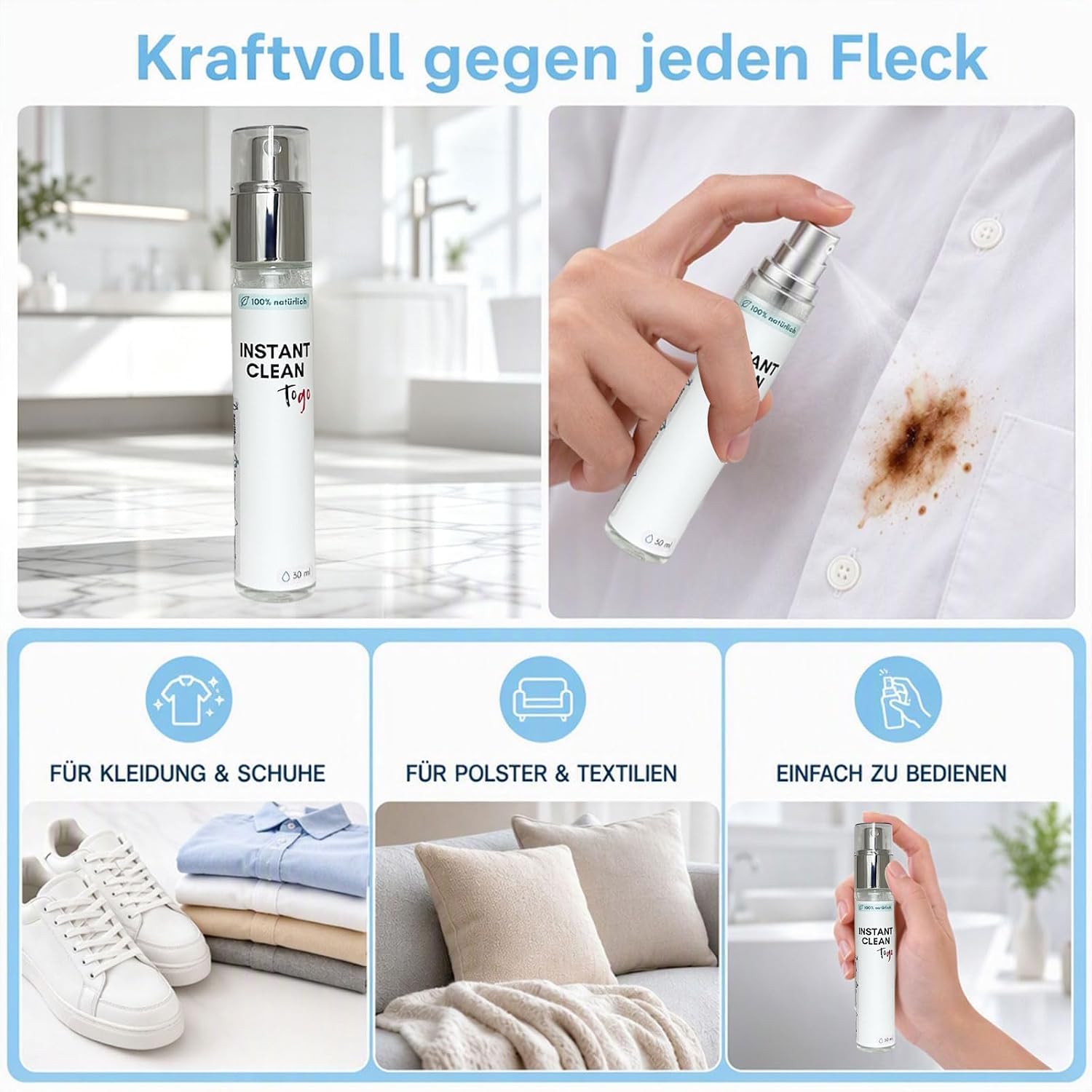 Instant Clean Magic Spray Kleidung, Fleckenentferner Kleidung 30 ml, Natürliche Formel, Fleckenspray für Wäsche, Schuhe, Polster und Weitere Textilien (2)