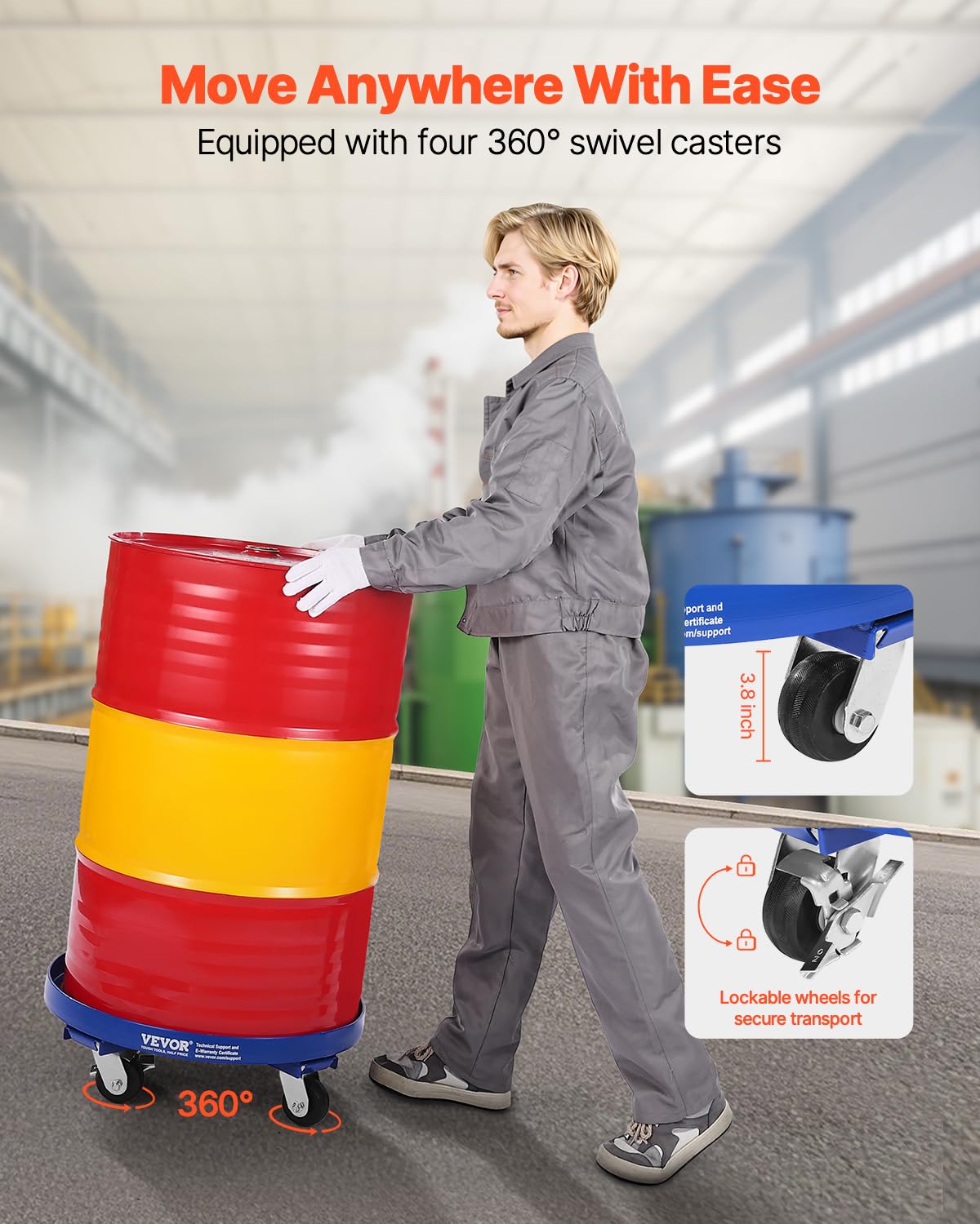 VEVOR Chariot pour fûts de 250,03 L Capacité de Charge de 907 kg Chariot pour fûts Lourds avec Renforts transversaux et 4 Roues pivotantes, pour manutention de fûts en Stock, Bleu