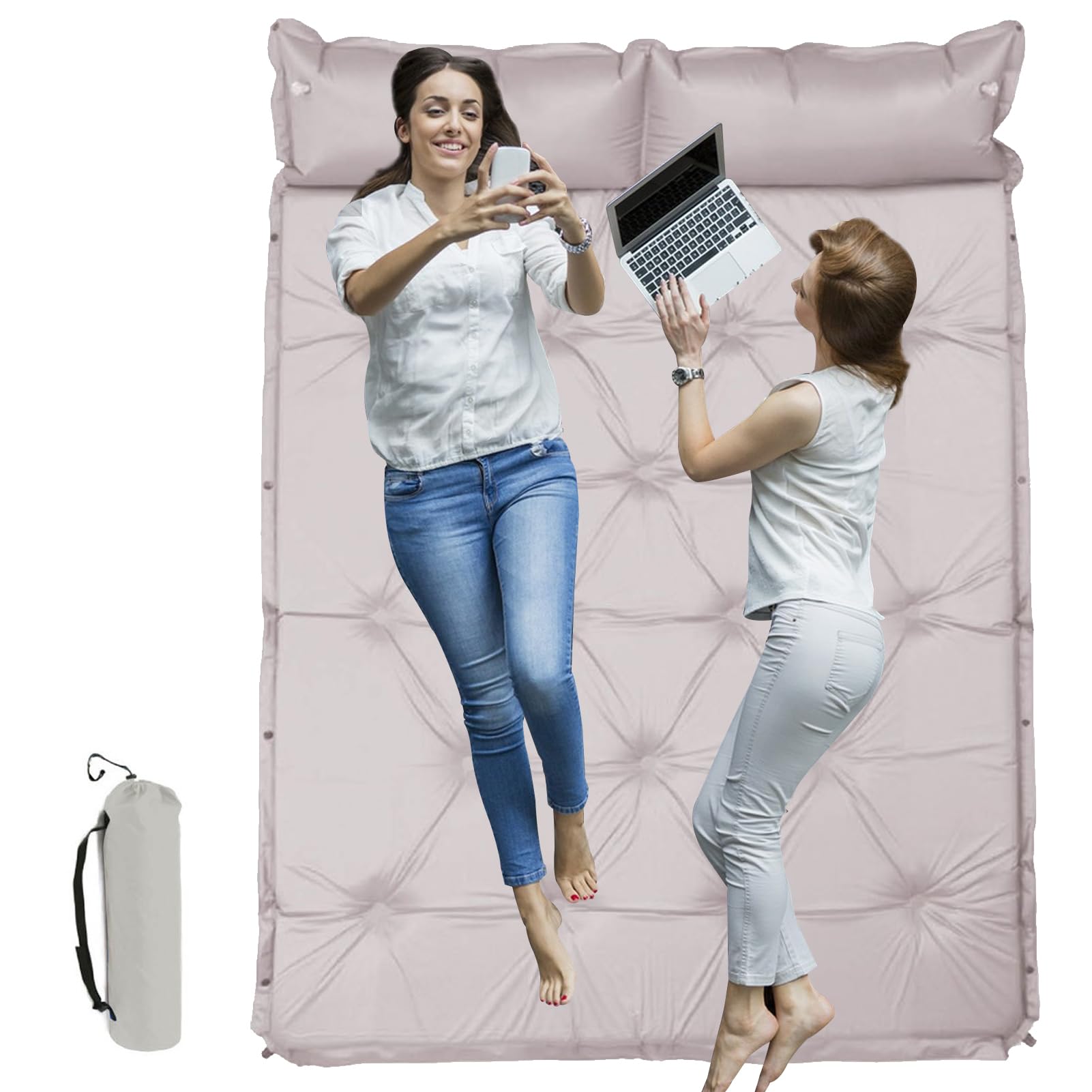 Beauenty Double Portable Camping Pad, Self Inflating Sleeping Pad 4 Season, Built-in Pump, Adults Family Large Camping Lightweight Air Mattress for Travel and Hike (Beige)