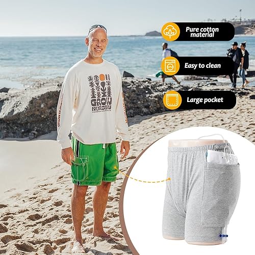 Miniatura 7 de Paquete de 3 pantalones cortos de orina para hombre, bolsa de drenaje de ostomía, pantalones para el cuidado de la incontinencia, pantalones cortos