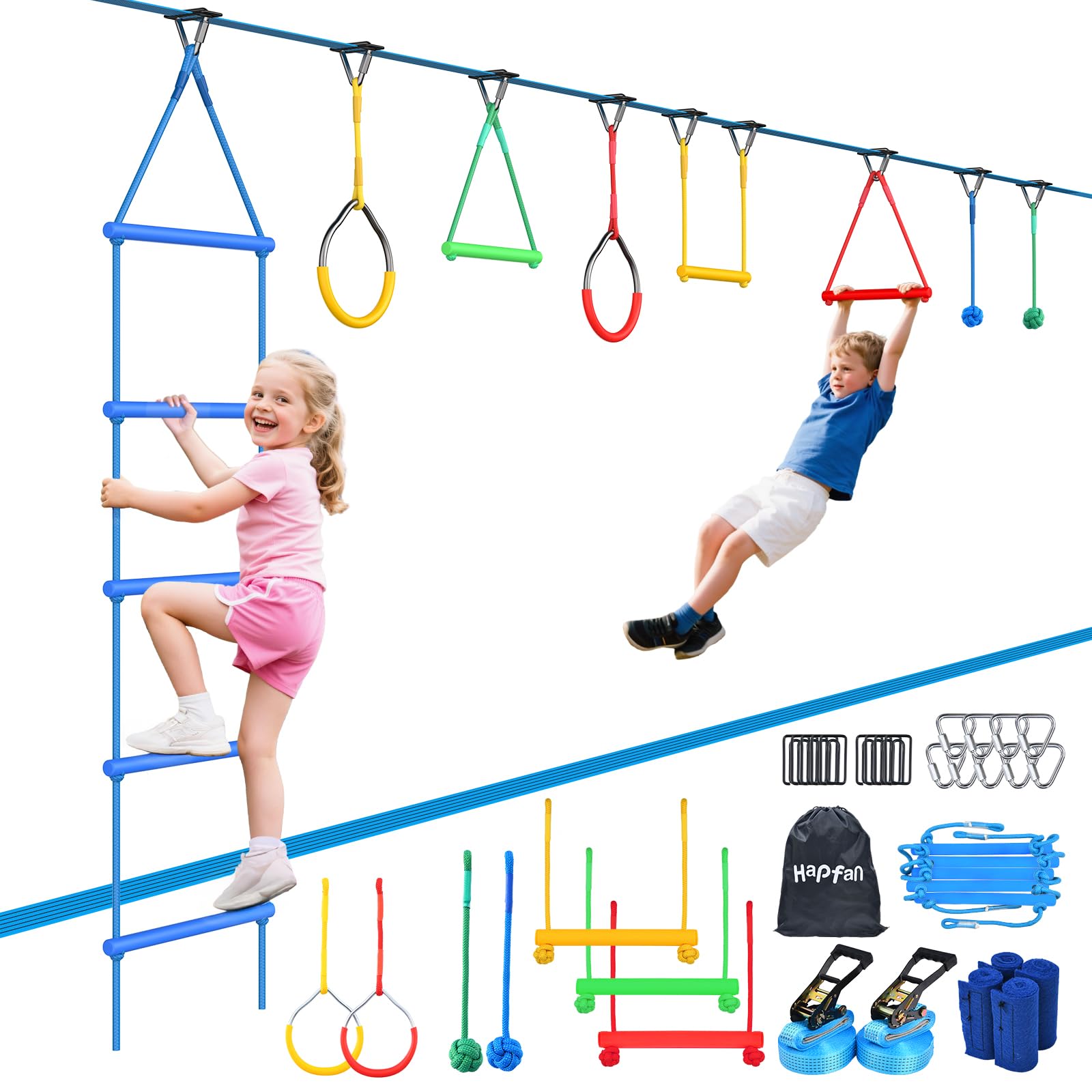 Hapfan Ninja Warrior Obstacle Course for Kids Outside, 2x50 ft Slackline and 8 Durable Obstacles, Tree Jungle Gym with Monkey Bars for Boys and Girls Backyard