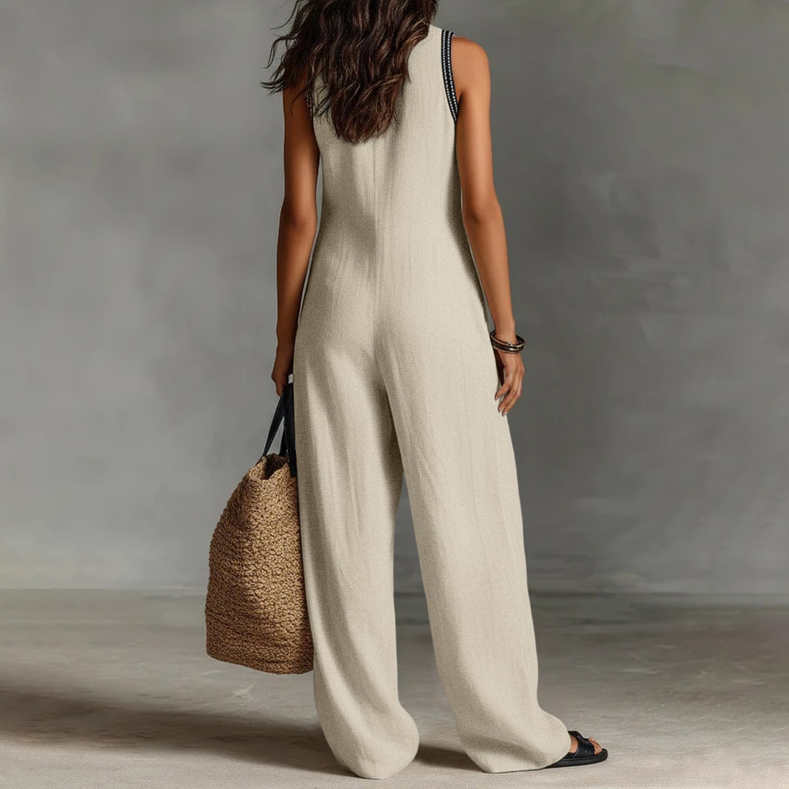 Ansenesna Jumpsuit Damen Sommer Elegant Lang Overall Baumwolle Leinen Weites Bein Boho Jumpsuits Für Damen V Ausschnitt Ärmellos Einteiler Frauen Locker Sommeroverall Leicht Romper Weit Playsuit