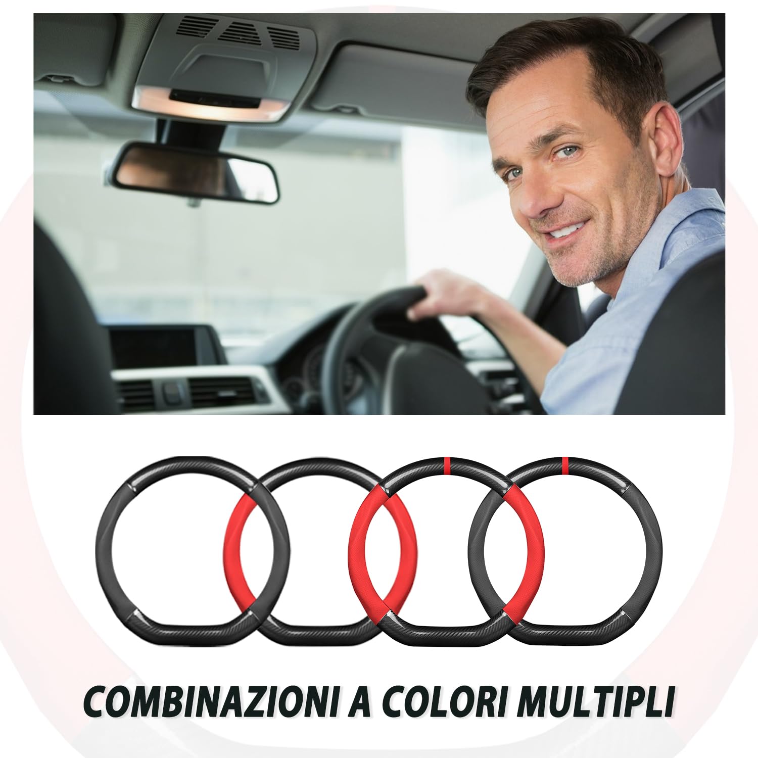 Ergocar Coprivolante per Auto Antiscivolo Protezione per Volante Auto D-Forma Fibra di Carbonio & Pelle PU Universale per Diametro 38 Cm (15 ") (Nero)