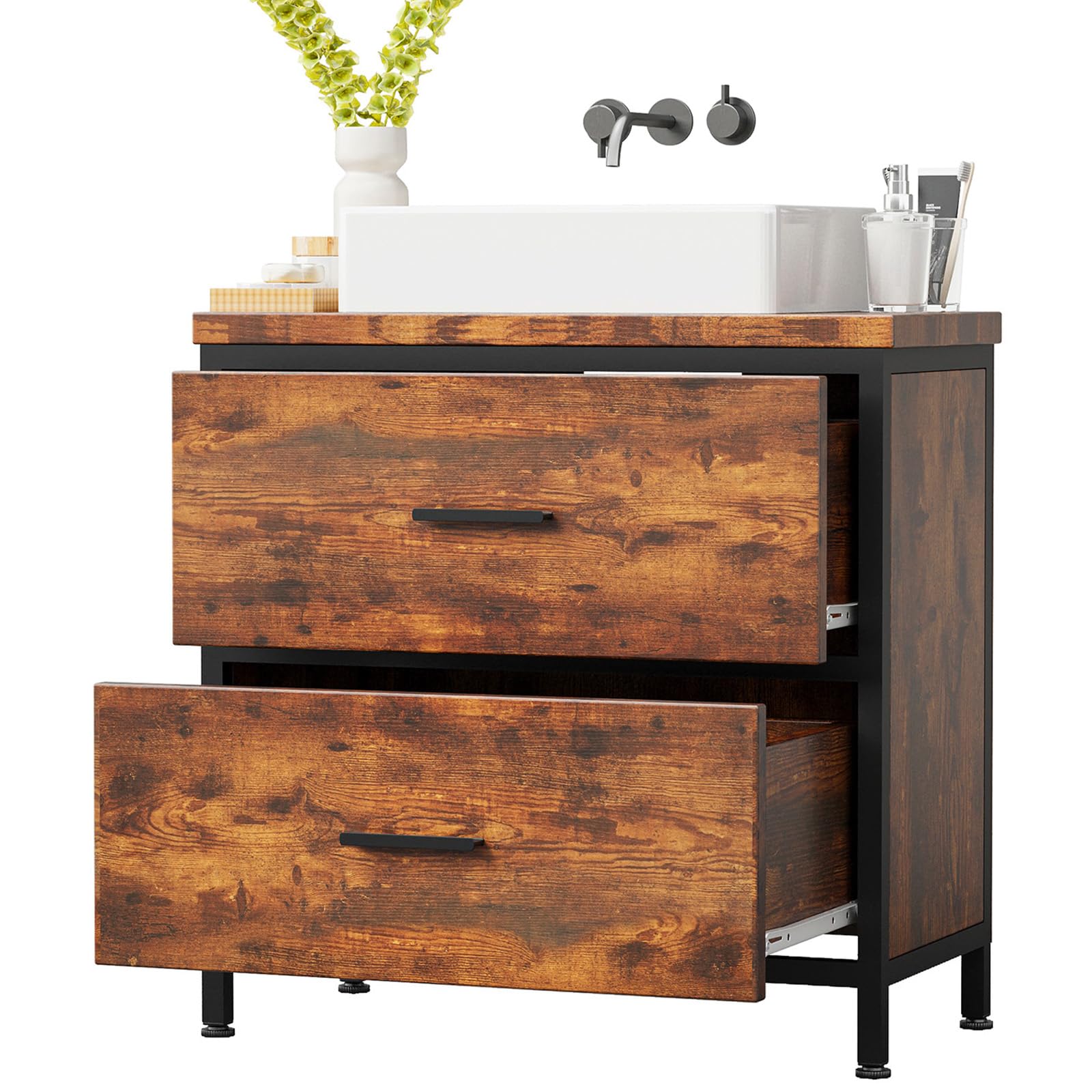 ELUCHANG Waschbeckenunterschrank,Badezimmerschrank mit 2 großen Schubladen &mit Füßen,Unterschrank 60x30x60cm,Badschrank,Feuchtigkeitsbeständig,Ideal für Kompakte Badezimmer & Gäste-WC,Schwarz+Vintage