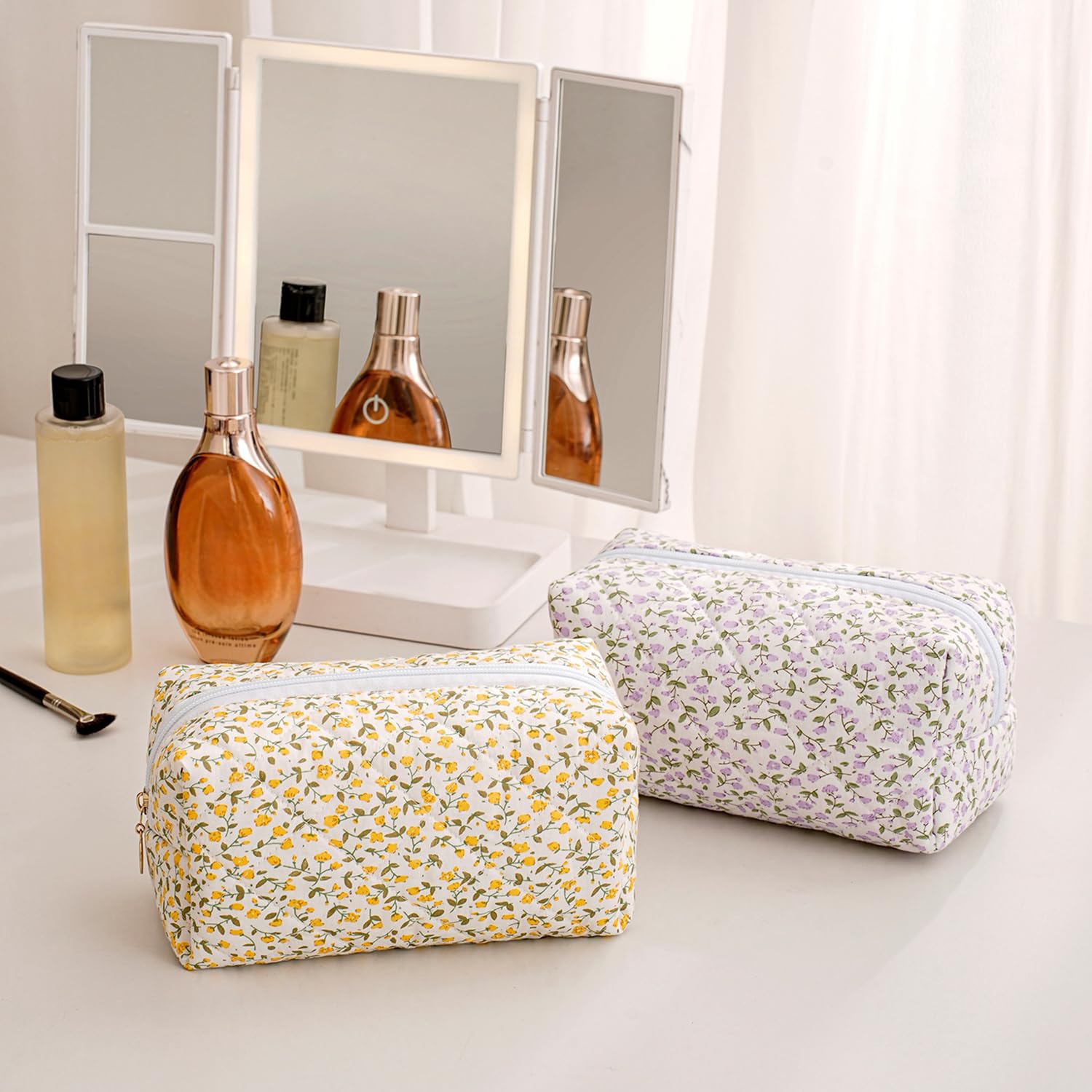 Gleyemor Kleine gesteppte Make-up-Tasche für Damen, niedliche Blumenschleife, Kosmetiktasche, Notfalltasche, Reise-Kulturbeutel, Baumwollbeutel, Geschenke für Mädchen, Mutter, Freundin, Schwester