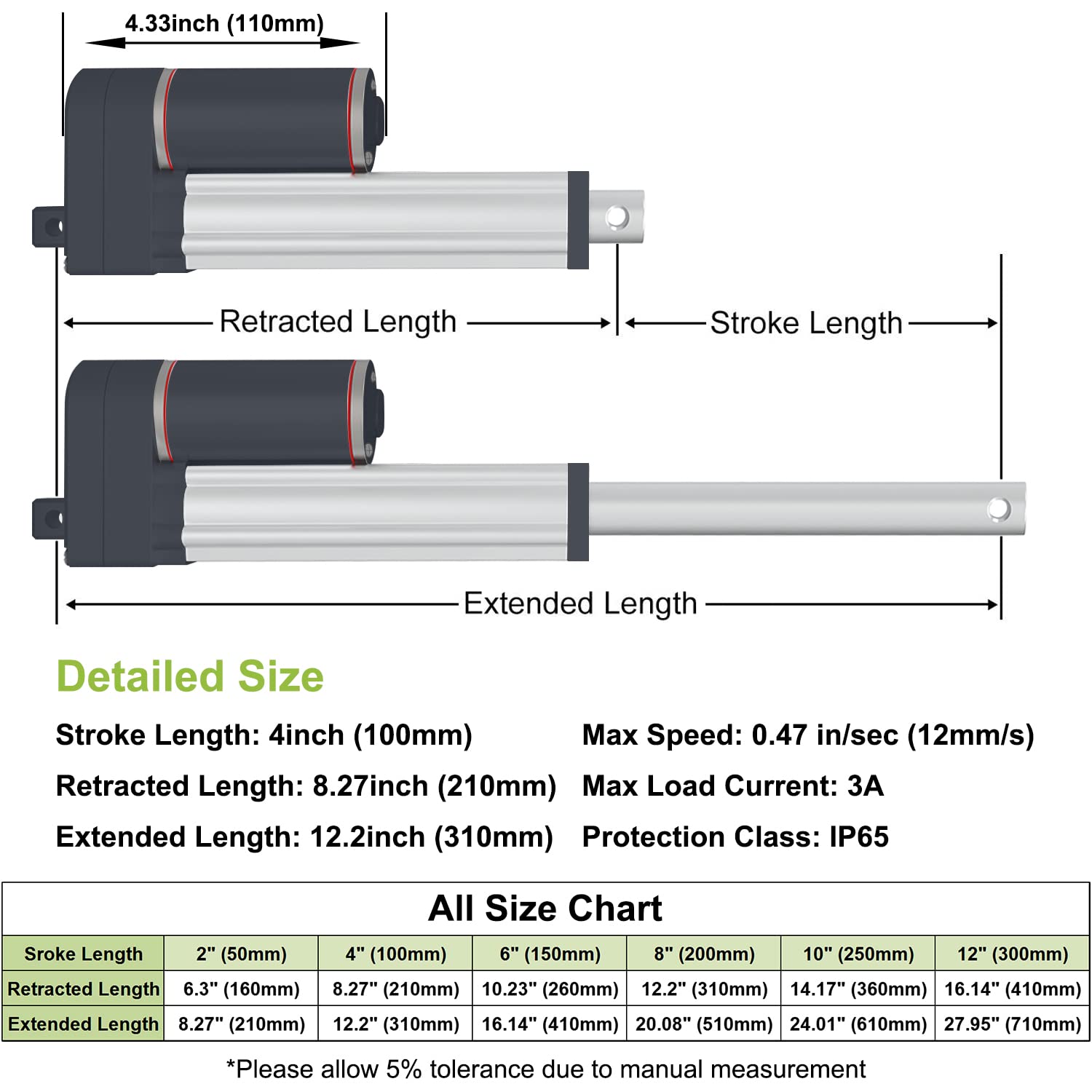 UYGALAXY Linear Actuator 4 Inch Stroke with Mounting Bracket, DC12V 900N(200lbs) IP65 Waterproof 12mm/s Quiet Low Noise Motor for DIY Chicken Coop Electric Recliner Lift Massage Bed Sofa (4")