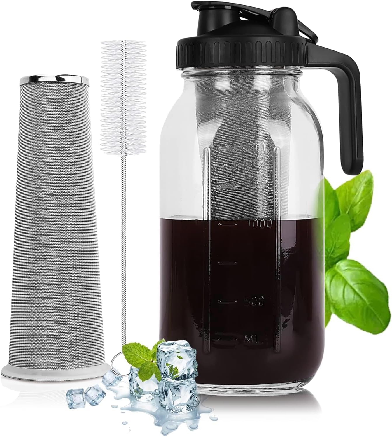 Cold Brew Coffee Maker – 64 Oz Heavy-Duty Glass Mason Jar Pitcher with Stainless Steel Filter, Leak-Proof Lid, Ergonomic Handle & Precision Pour Spout – Ideal for Iced Coffee, Tea, Cold Brew (Black) Cold Brew Coffee Maker – 64 Oz Heavy-Duty Glass Mason Jar Pitcher with Stainless Steel Filter, Leak-Proof Lid, Ergonomic Handle & Precision Pour Spout – Ideal for Iced Coffee, Tea, Cold Brew (Black)