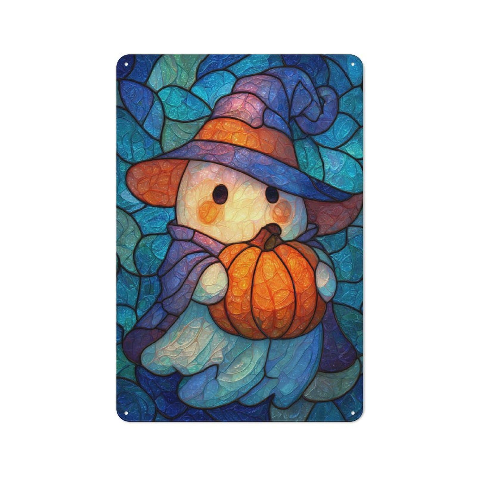 Junmoney Stained Glass Halloween Ghost With Pumpkin Metal Plaque 30X20cm With For Garage Wall, Retro Decor, For Garage Decor Collectors Refreshing A Room In Autumn