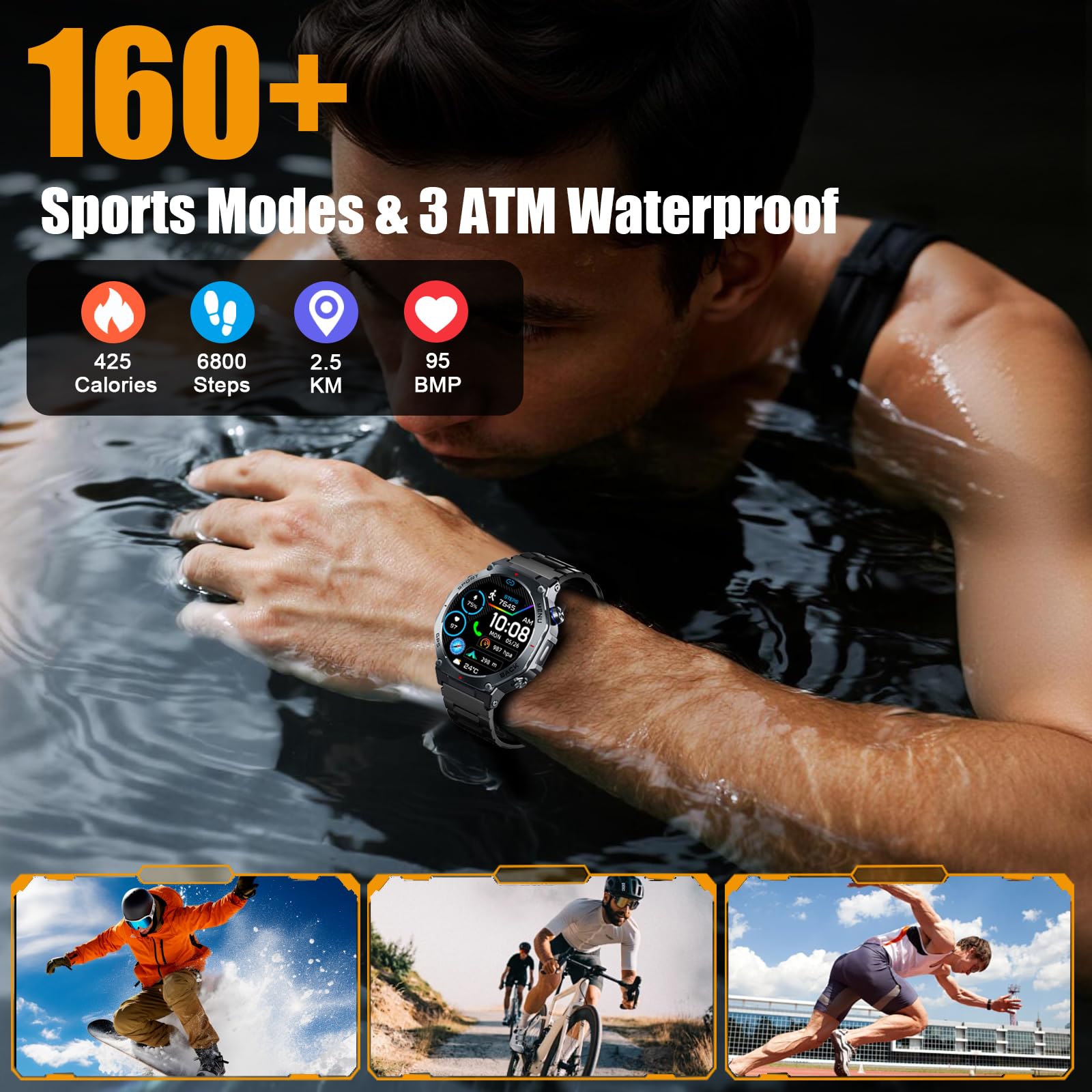 Militaire Montre Connectée Homme GPS, 1.43" AMOLED Smartwatch avec Appel Bluetooth, Étanche 5ATM, Montre Sport avec Podometre/Cardiofrequencemetre/Sommeil, 160+ Sportifs, Smart Watch pour Android IOS