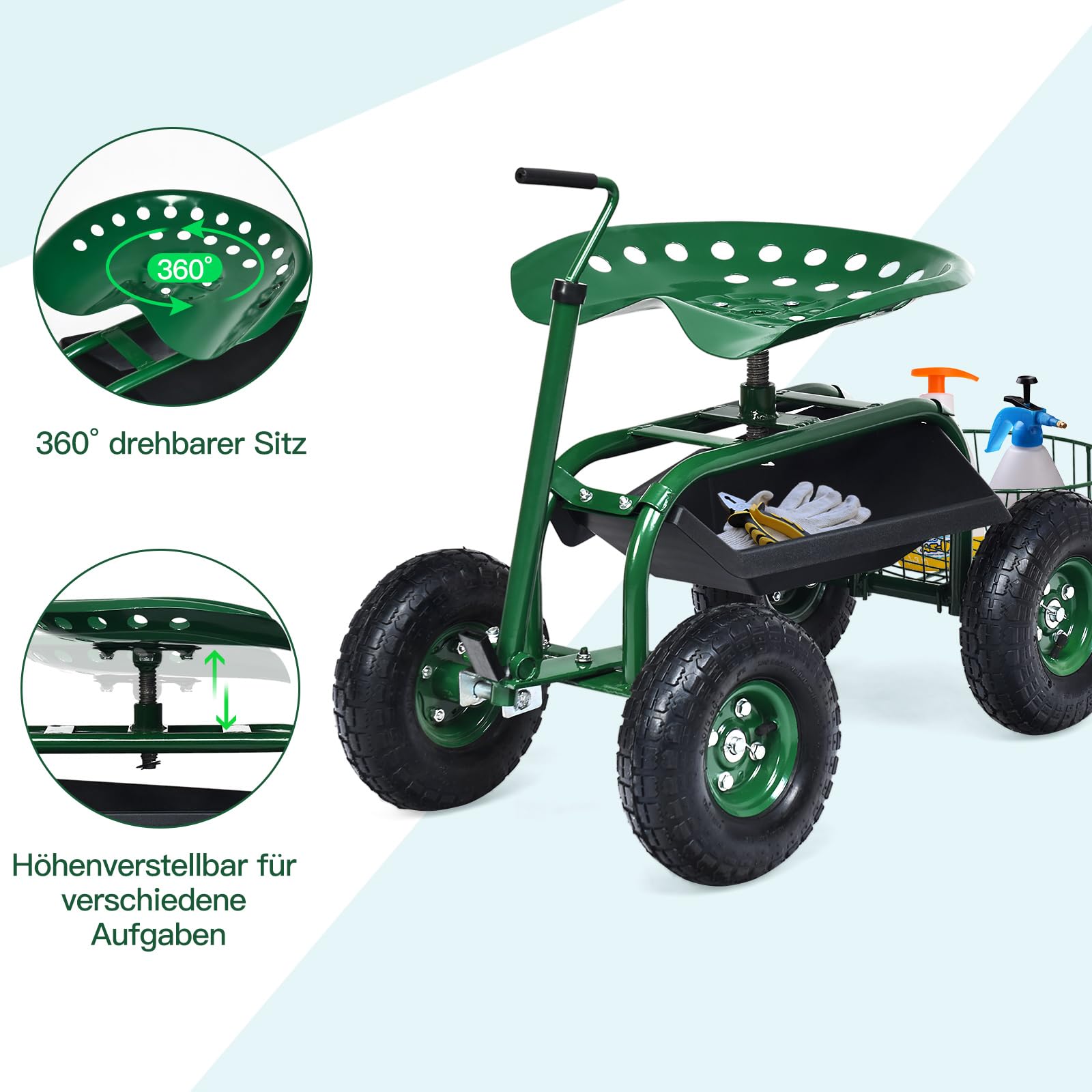 GOPLUS Gartenwagen, 360° drehbarer Gartensitz mit ausziehbarem Griff, Gartenhocker mit Ablage & Korb, Sitz höhenverstellbar, bis 150 kg belastbar, Rollsitz für Gartenarbeit, 96,5 x 47,5 x 47-55 cm