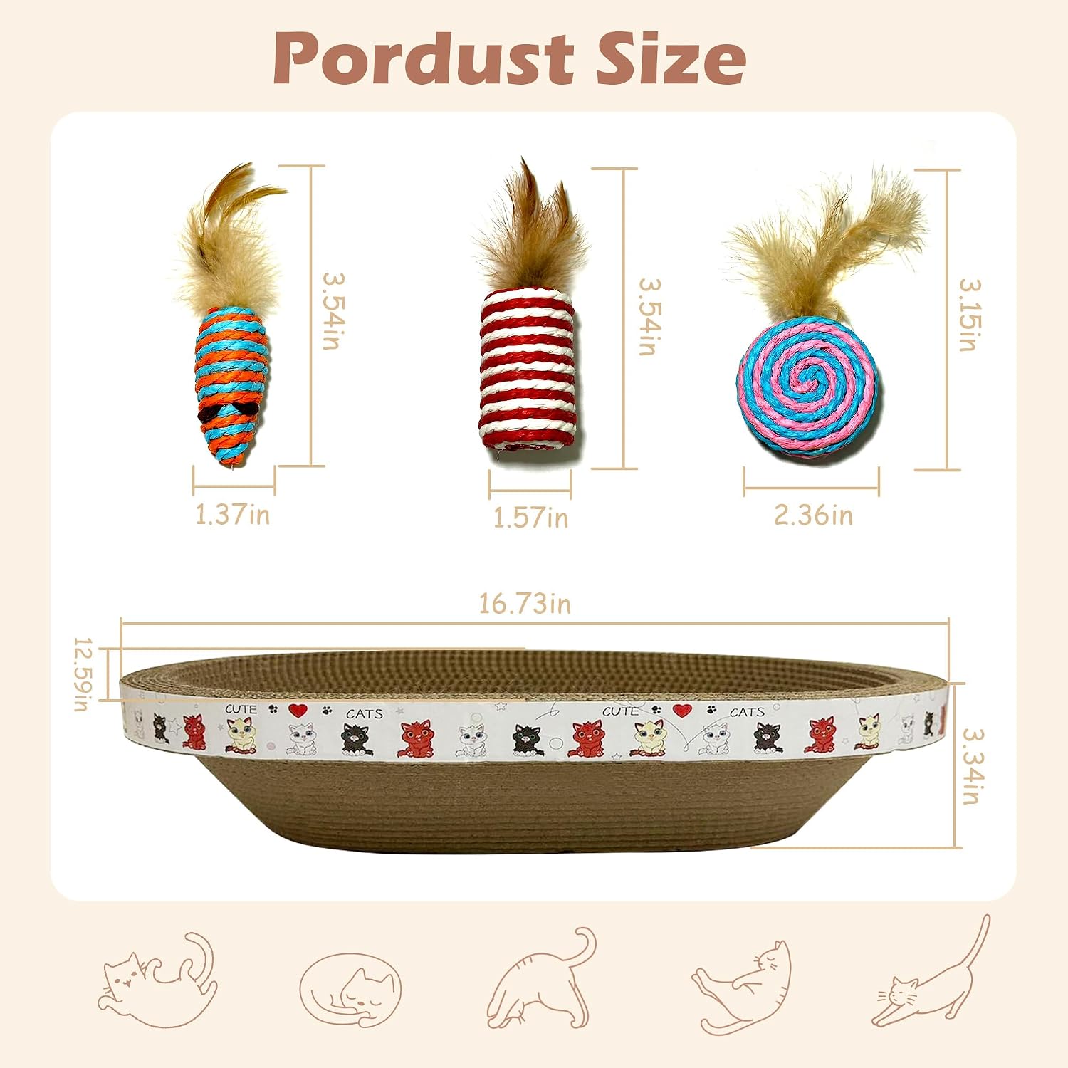 Durable 2IN1 Cat Bed & Scratcher - 3PCS Sisal Balls, Oval 17''x13'' Corrugated Cardboard Scratch Pad for Indoor Cats