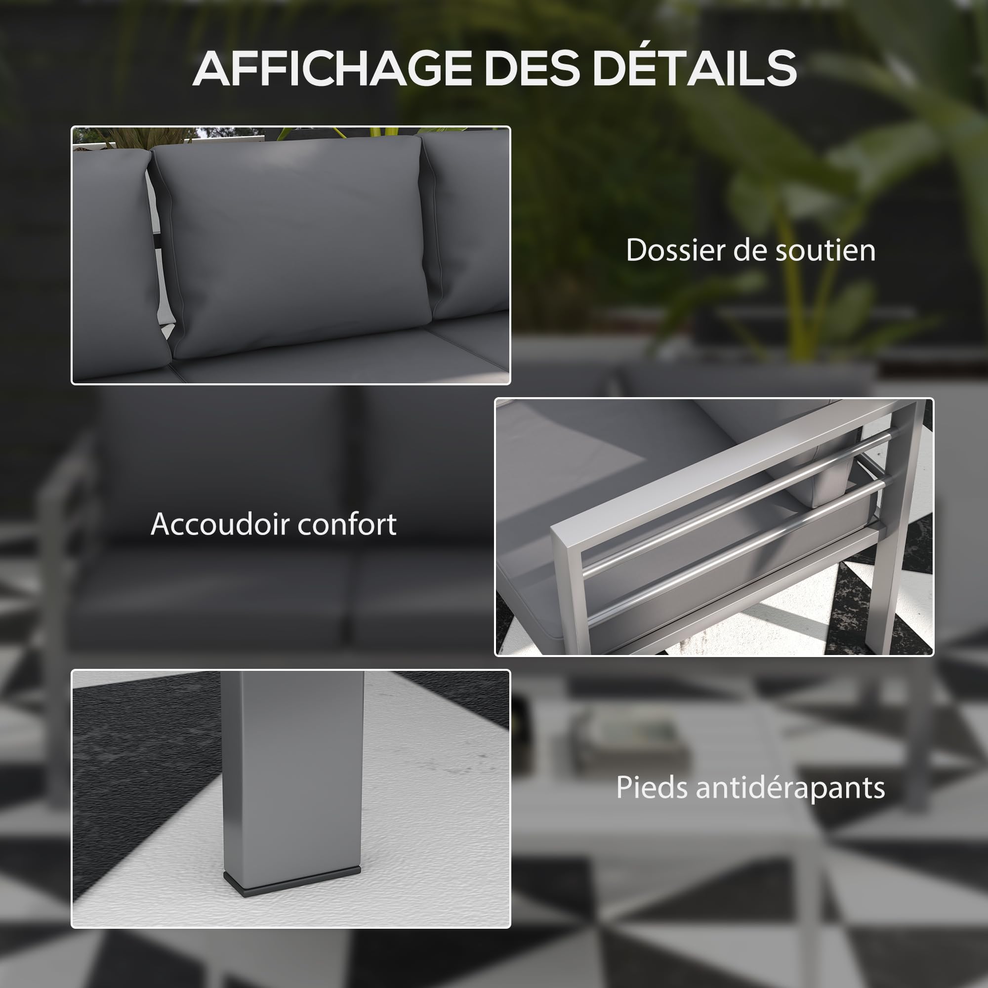 Outsunny Canapé de Jardin 3 Places Extérieur Aluminium 185L x 66l x 64H cm | Coussins d'Assise et Dossier
