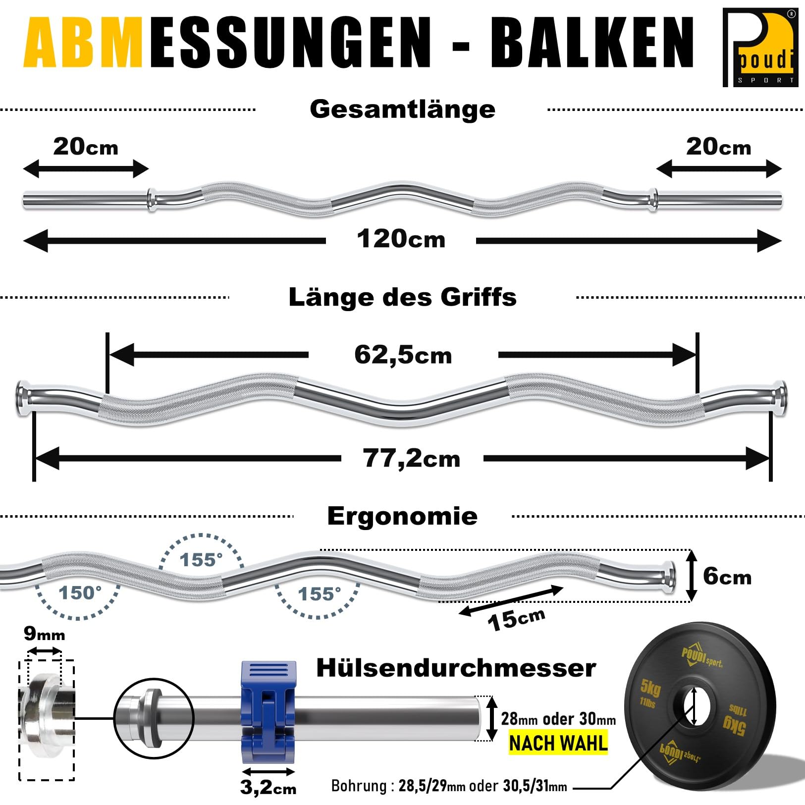 Barre curl EZ de musculation en acier chromé 120cm | 2 colliers de serrage + 2 anneaux amovibles | Ø : 28mm ou 30mm