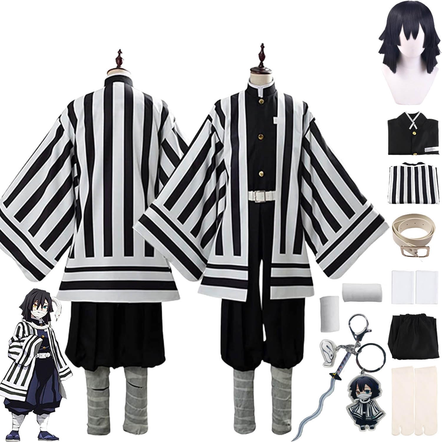 bbganlian Anime Character Iguro Obanai Cosplay Costume Outfit Kochou Shinobu Kanroji Mitsuri Role Play Uniform Full Set Halloween Carnival Party Dress Up Suit with Wig for Men (M)