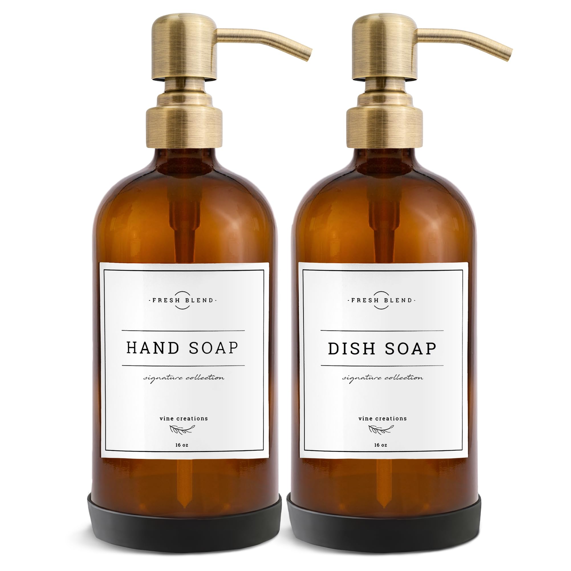 Vine Creations Amber Glass Soap Dispenser, 2 Pack Kitchen Soap Dispenser Set with Stainless Steel Pump, 16 oz Dish Soap and Hand Soap Dispensers for Bathroom with Waterproof Labels