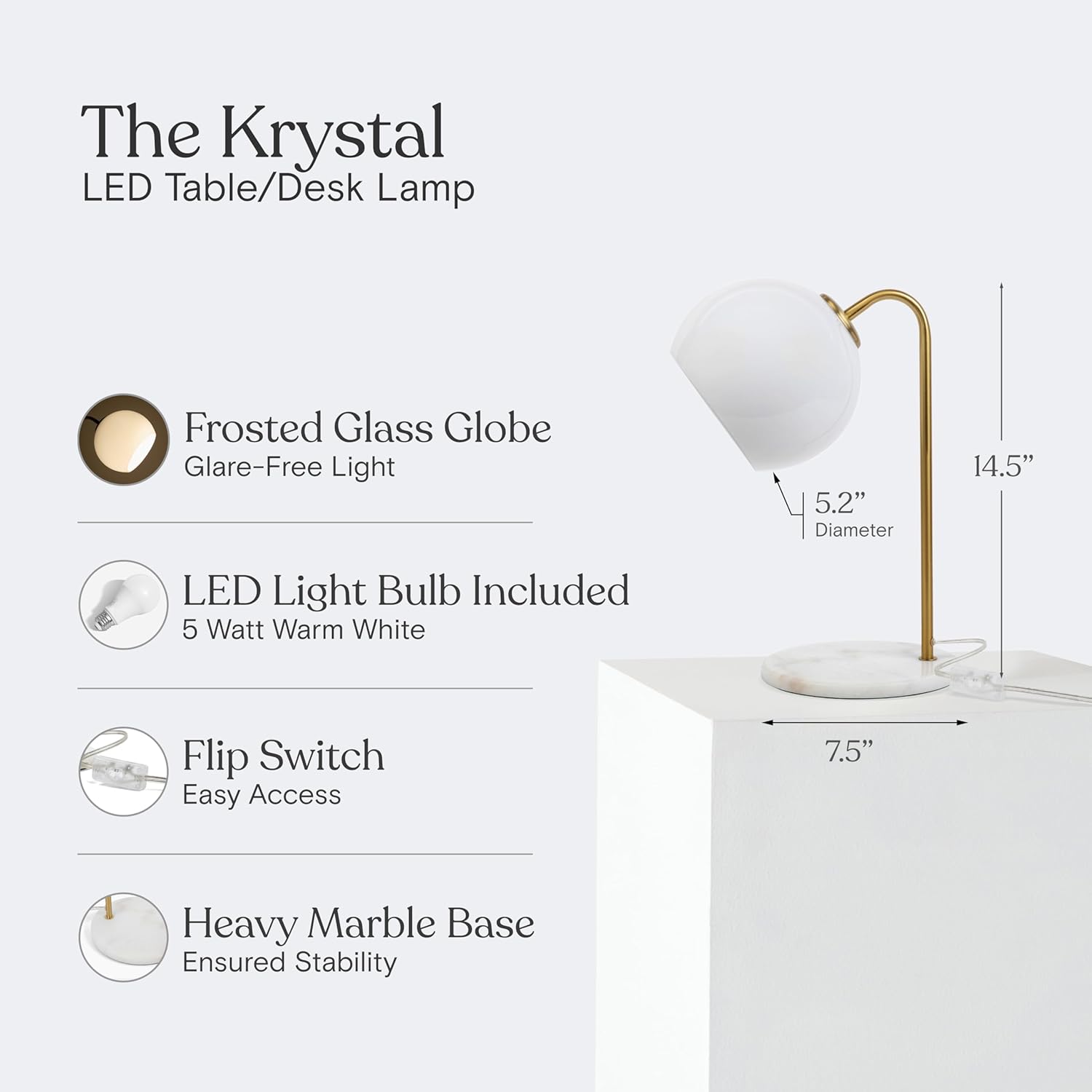 Brightech Krystal LED Table Lamp, Frosted Glass Globe Arcing Living Room Lamp, Mid-Century Modern Standing Lamp for Living Rooms, Boho Rustic Indoor Table Lamp for Bedrooms & Offices - Brass