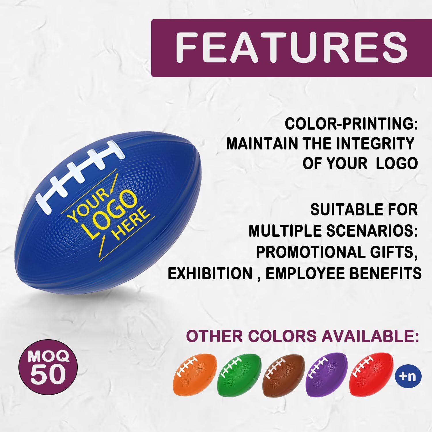 Custom Football Grip Strengthener with Logo–PU Foam Squeeze Ball for Stress Relief,Hand Exercise & Office Fidget.