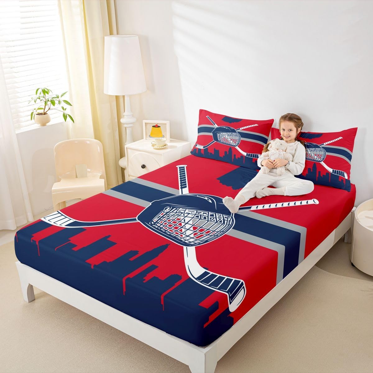 Erosebridal Boys Hockey Fitted Sheet Queen,Ice Hockey Fans Bed Sheets for Fan,Ice Hockey Lovers Bed Set,Ball Bedding Set with 2 Pillowcases Deep Pockets,Blue Red,No Top Sheet
