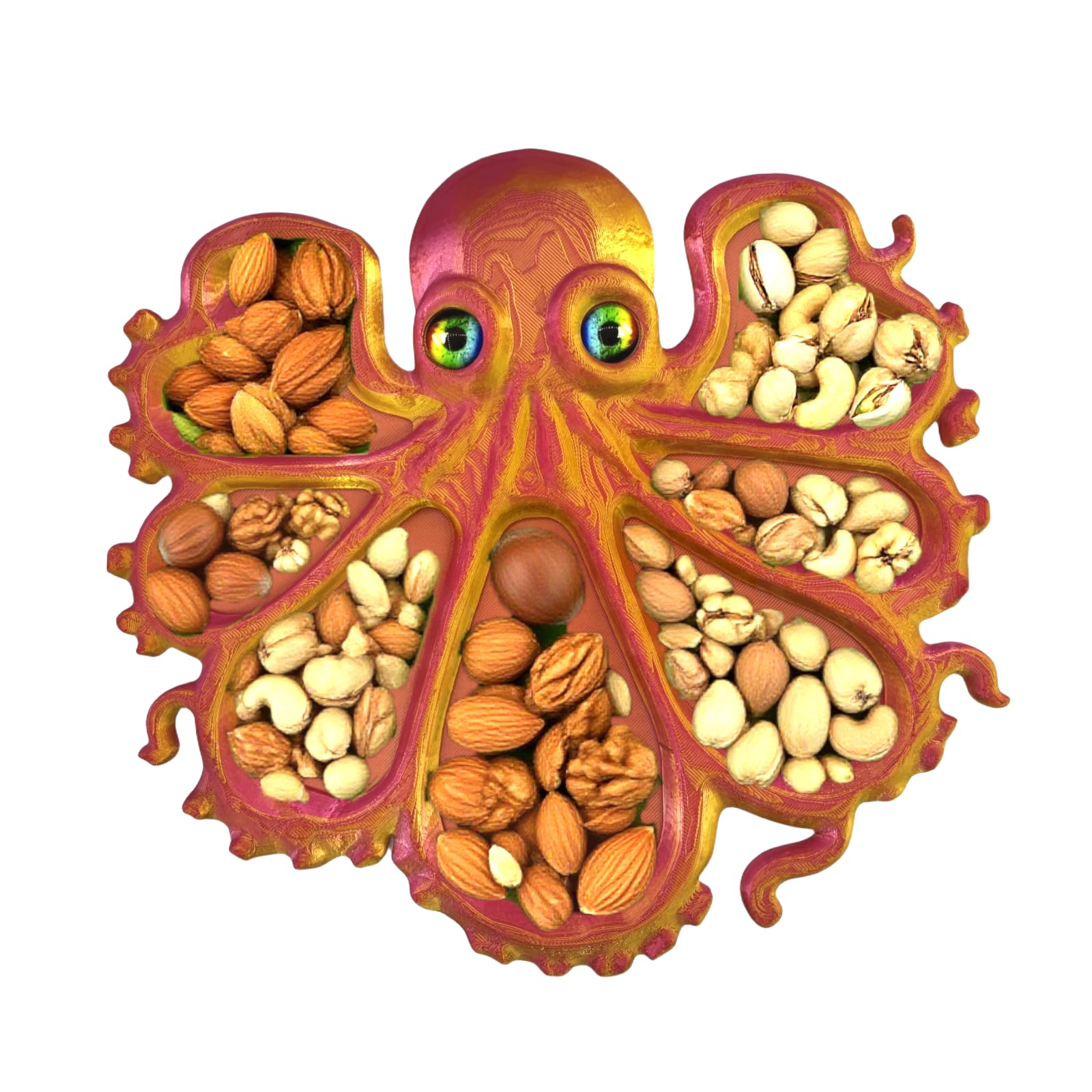 octopus platter (suitable dried fruit & nuts) – multi-functional dispenser for parties, portable & easy-clean snack plate,7 snackberry assortment platter (golden-red)